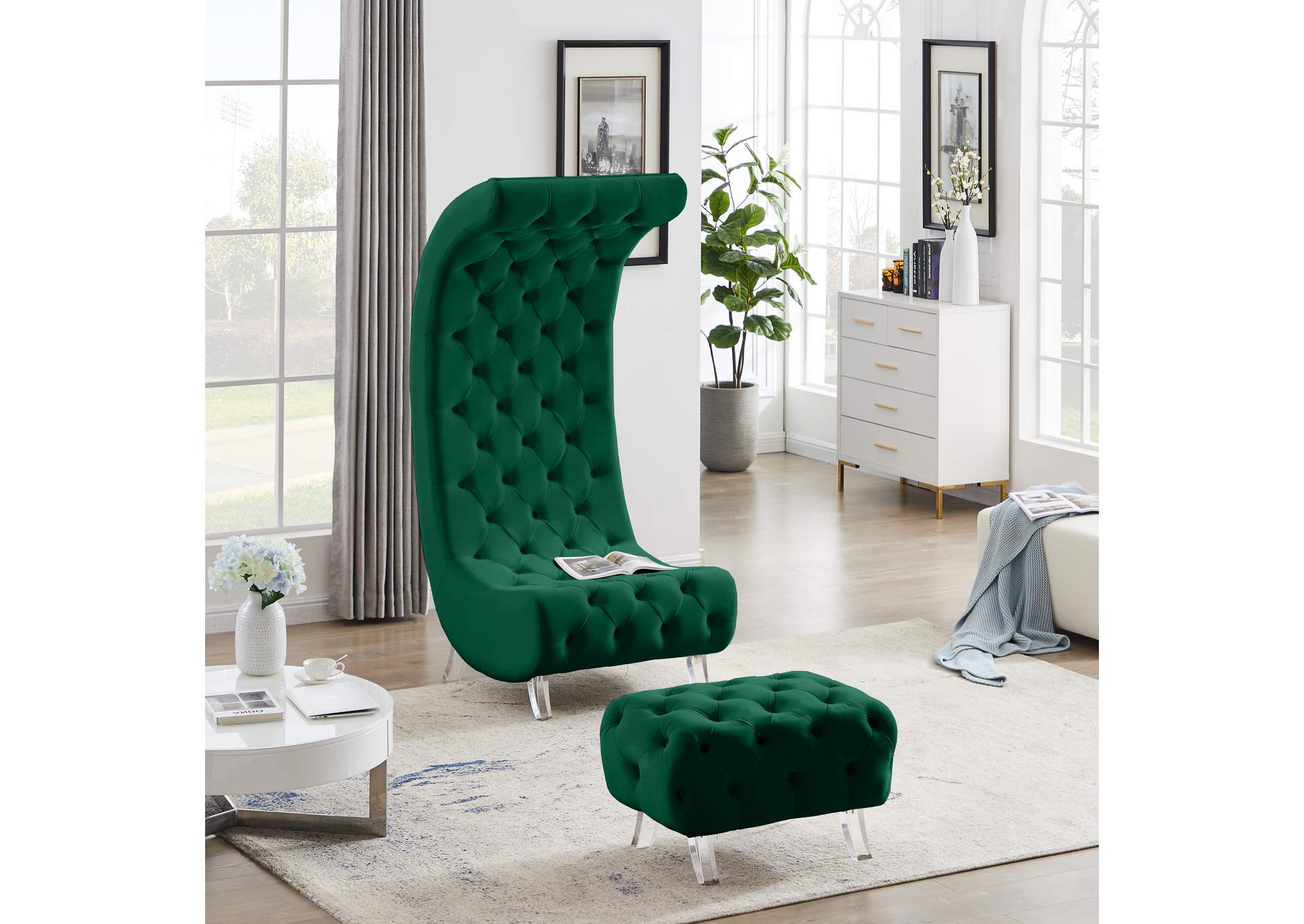 Crescent Green Velvet Ottoman,Meridian Furniture