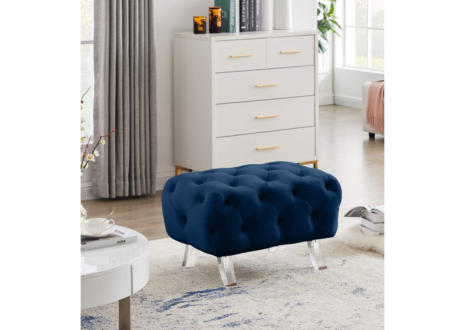 Crescent Navy Velvet Ottoman,Meridian Furniture