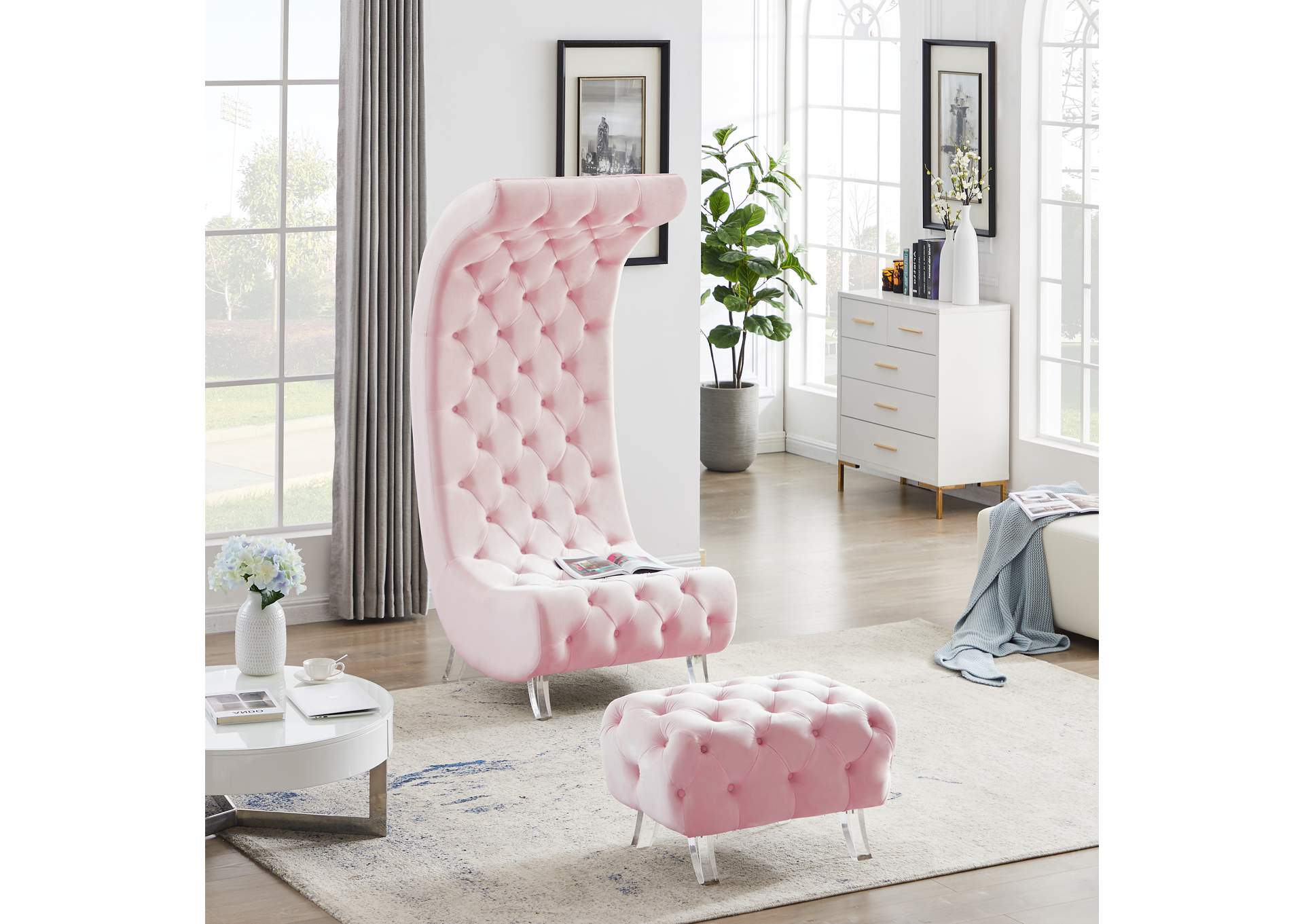 Crescent Pink Velvet Accent Chair,Meridian Furniture