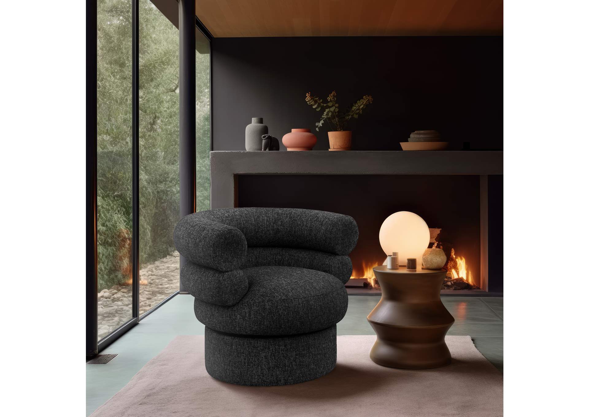 Valentina Black Linen Textured Fabric Accent Swivel Chair,Meridian Furniture