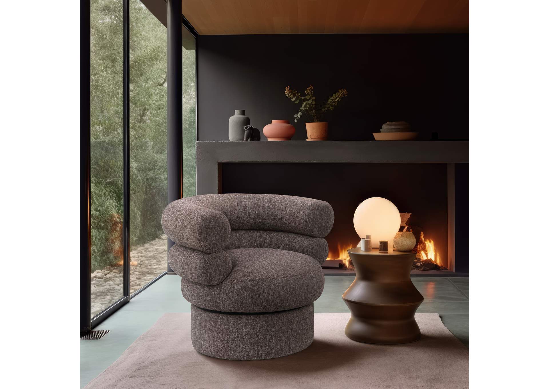 Valentina Brown Linen Textured Fabric Accent Swivel Chair,Meridian Furniture