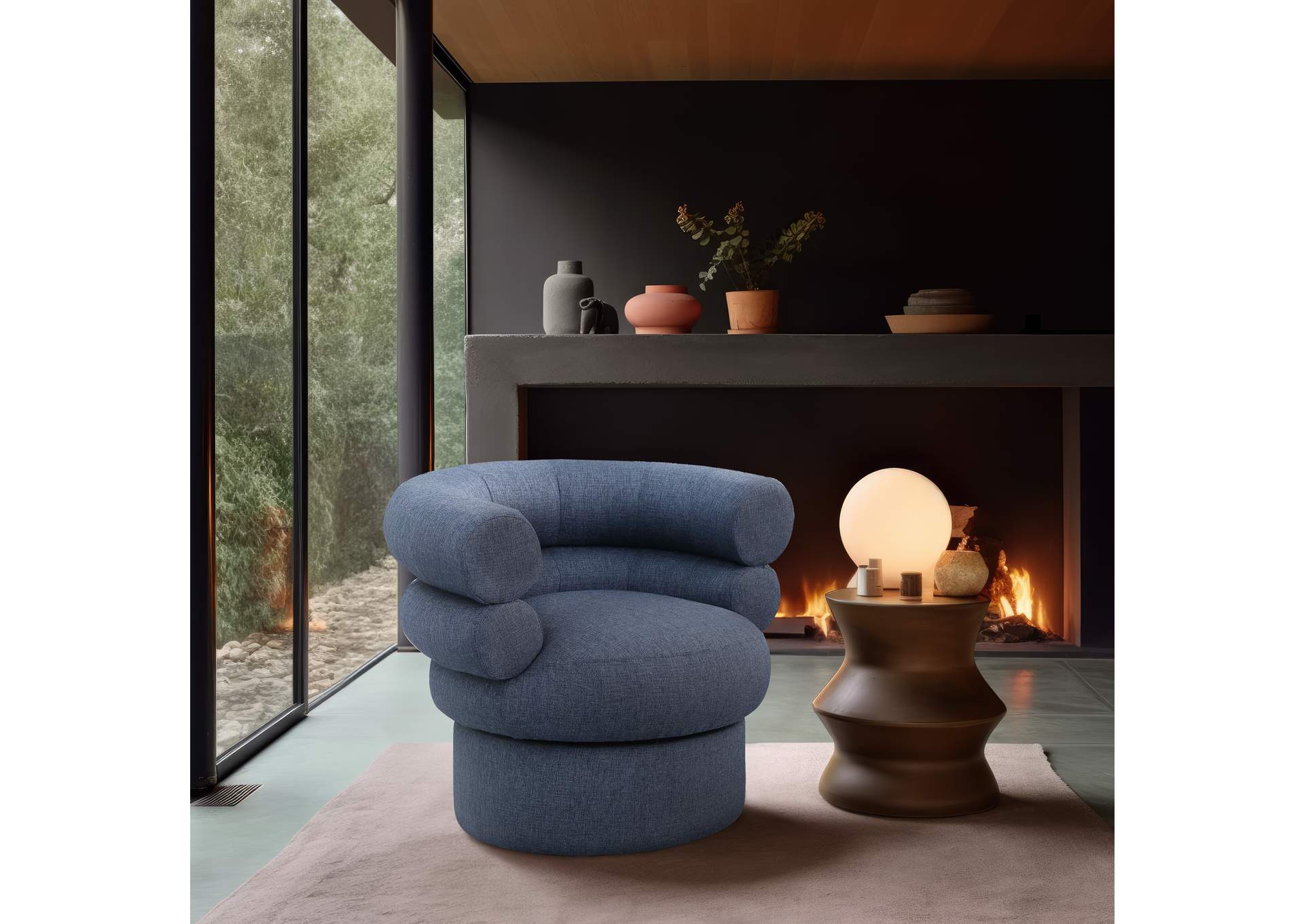 Valentina Dark Navy Linen Textured Fabric Accent Swivel Chair,Meridian Furniture
