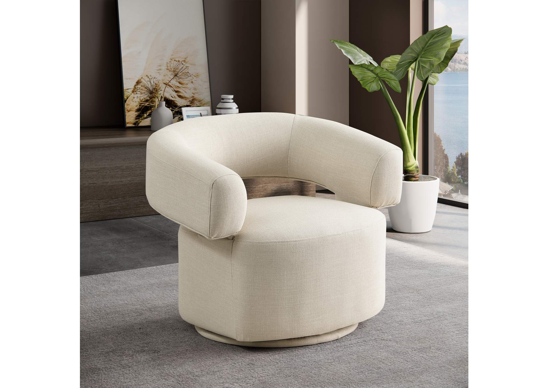 Niya Beige Linen Textured Fabric Swivel Accent Chair,Meridian Furniture