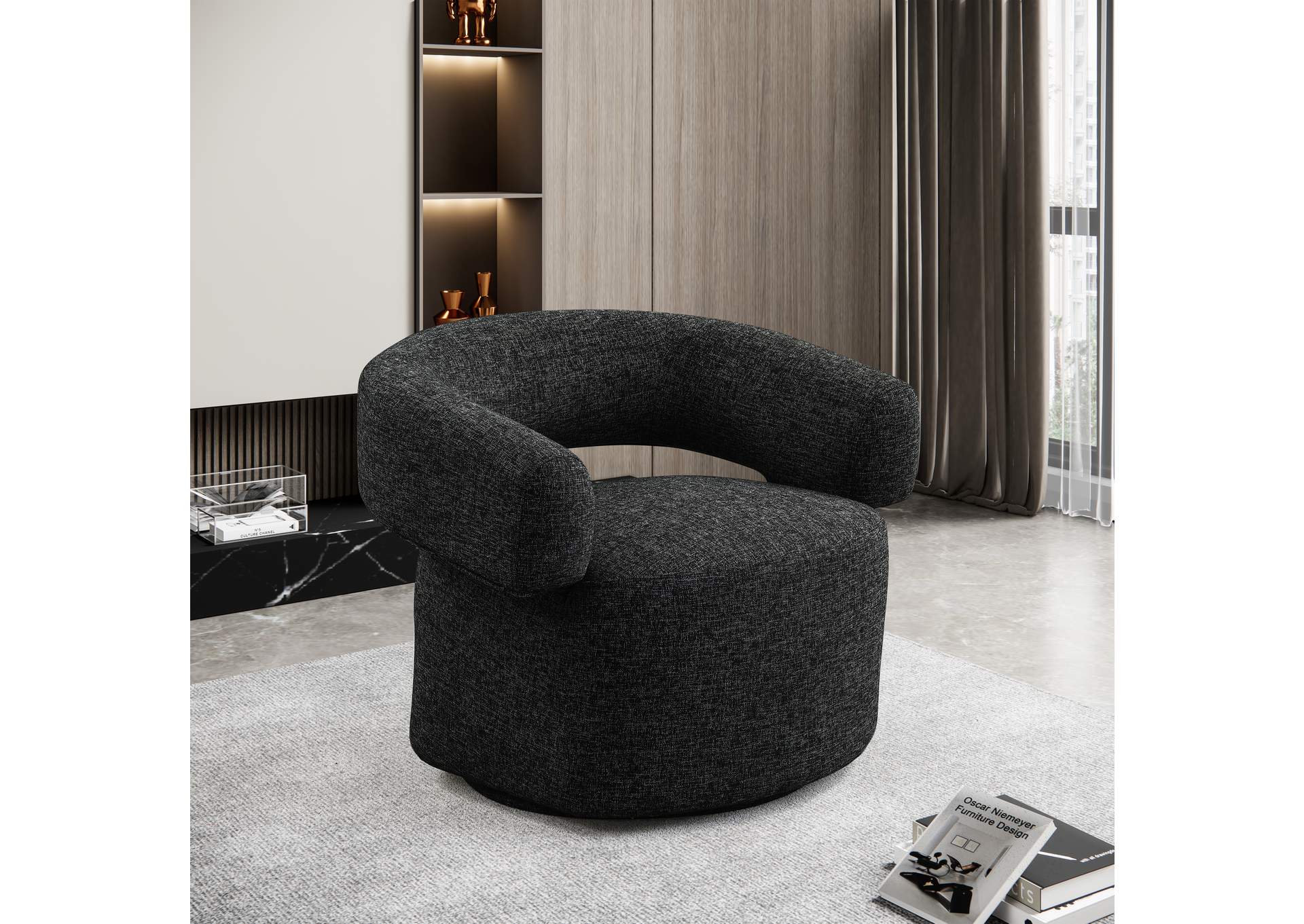 Niya Black Linen Textured Fabric Swivel Accent Chair,Meridian Furniture