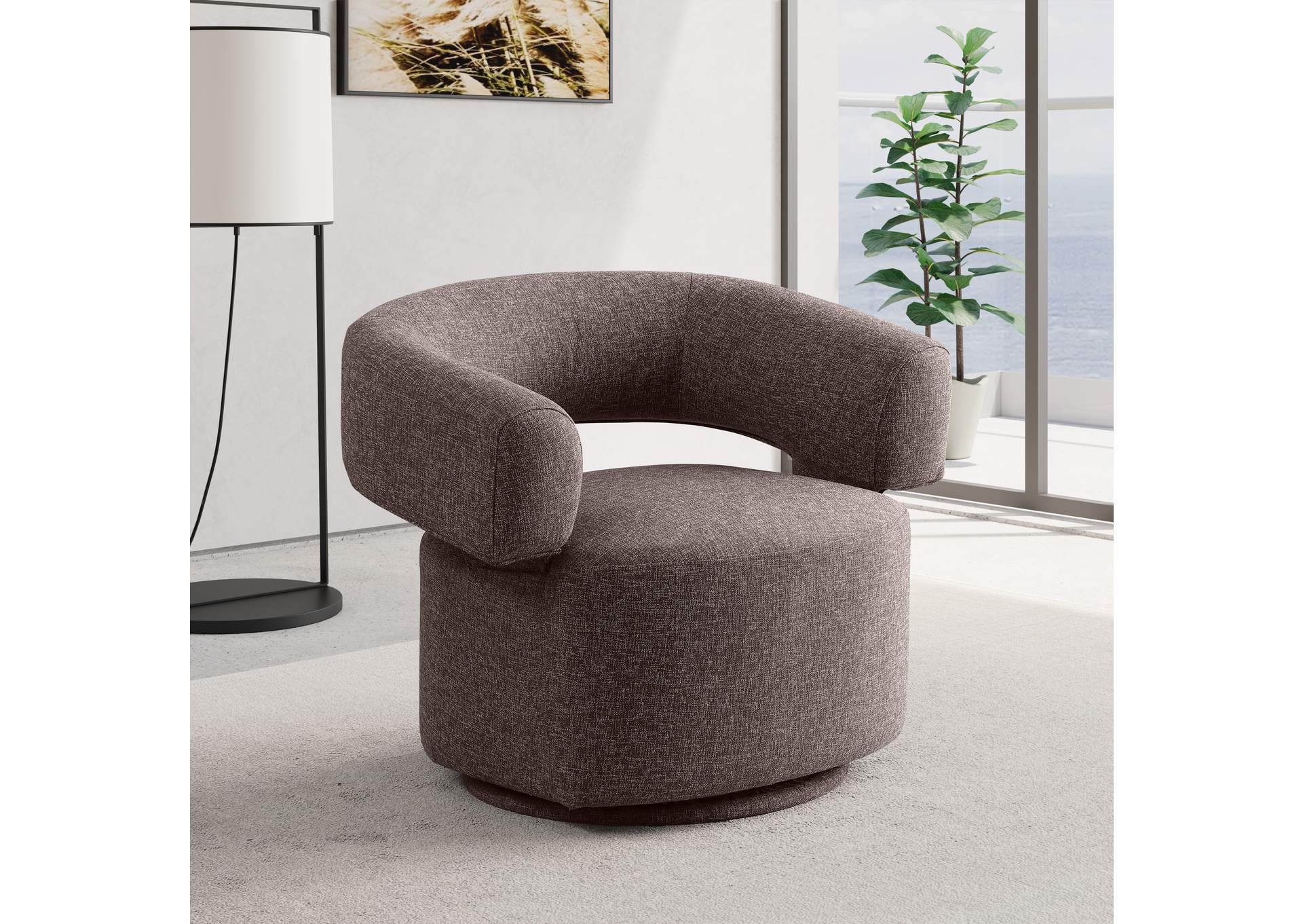 Niya Brown Linen Textured Fabric Swivel Accent Chair,Meridian Furniture