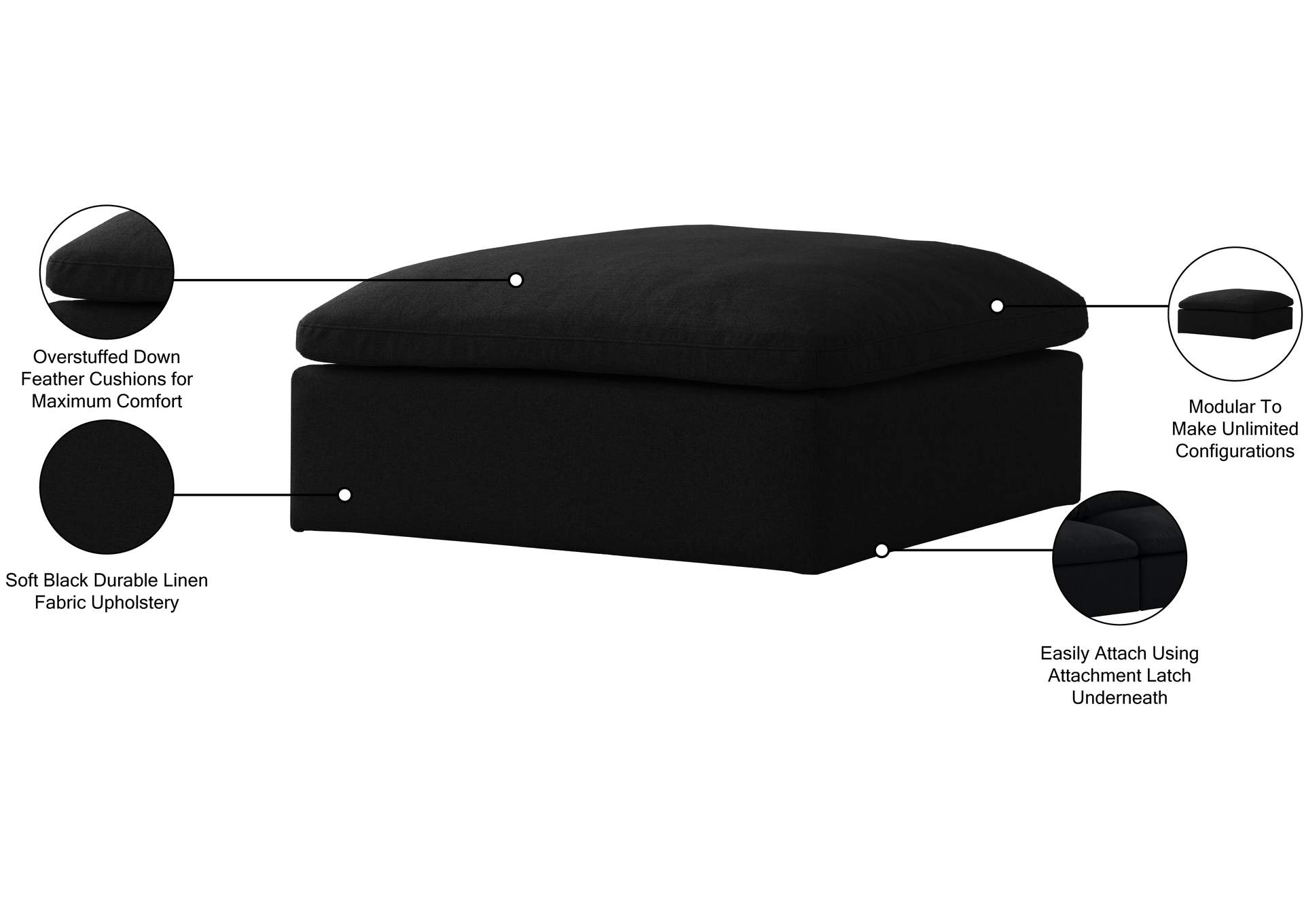 Serene Black Linen Textured Fabric Deluxe Comfort Modular Ottoman,Meridian Furniture