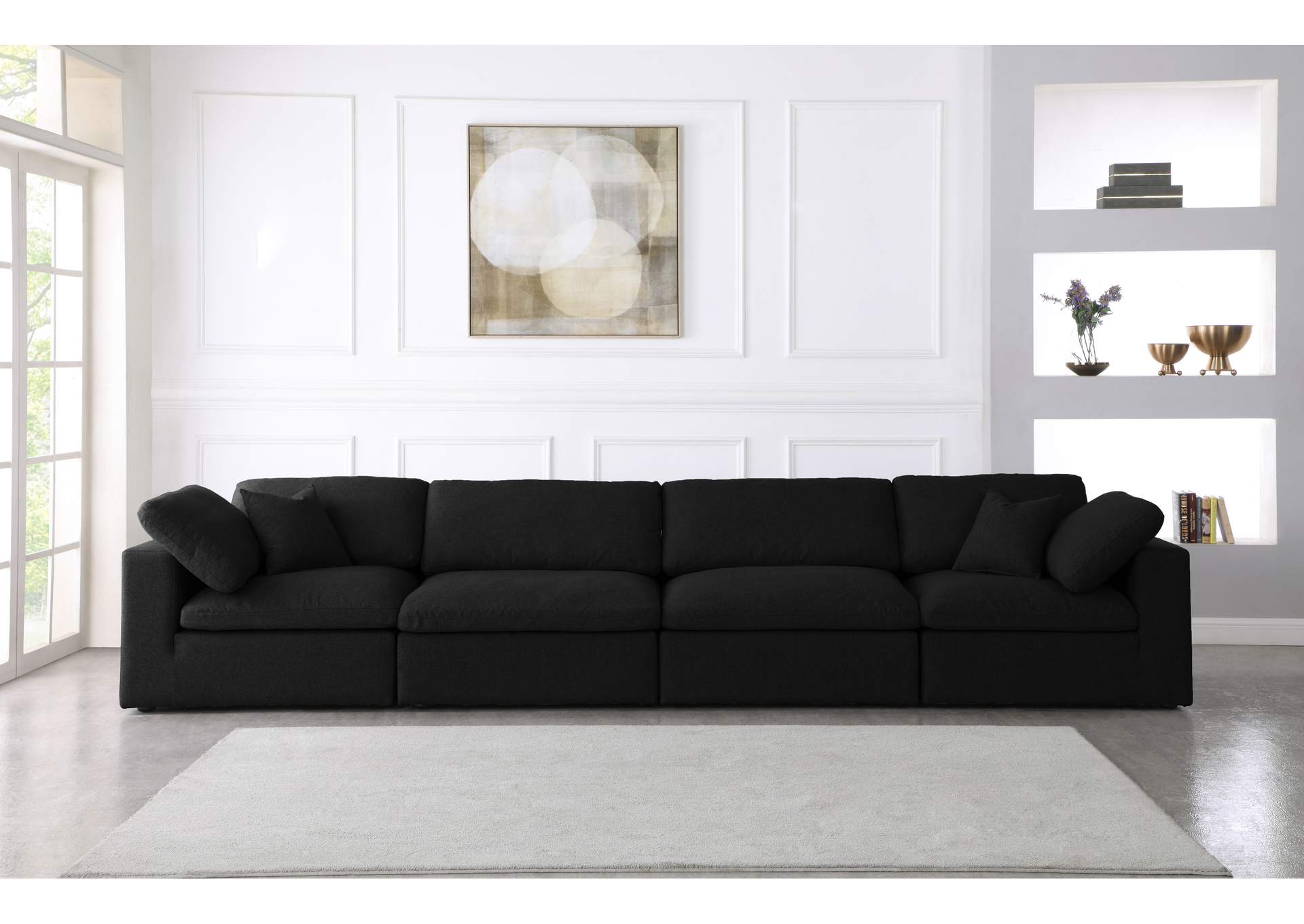 Serene Black Linen Textured Fabric Deluxe Comfort Modular Sofa,Meridian Furniture