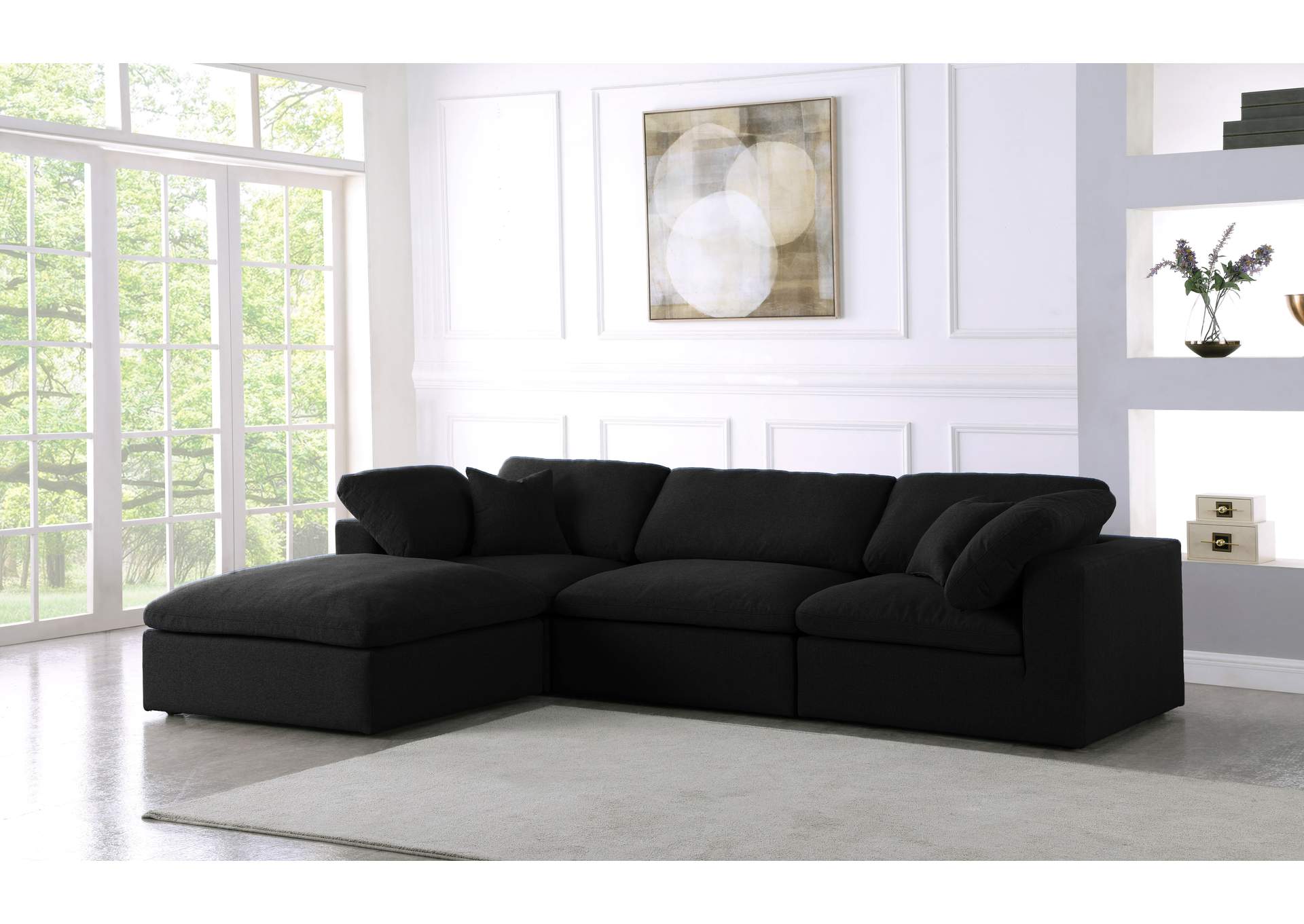 Serene Black Linen Textured Fabric Deluxe Comfort Modular Sectional,Meridian Furniture