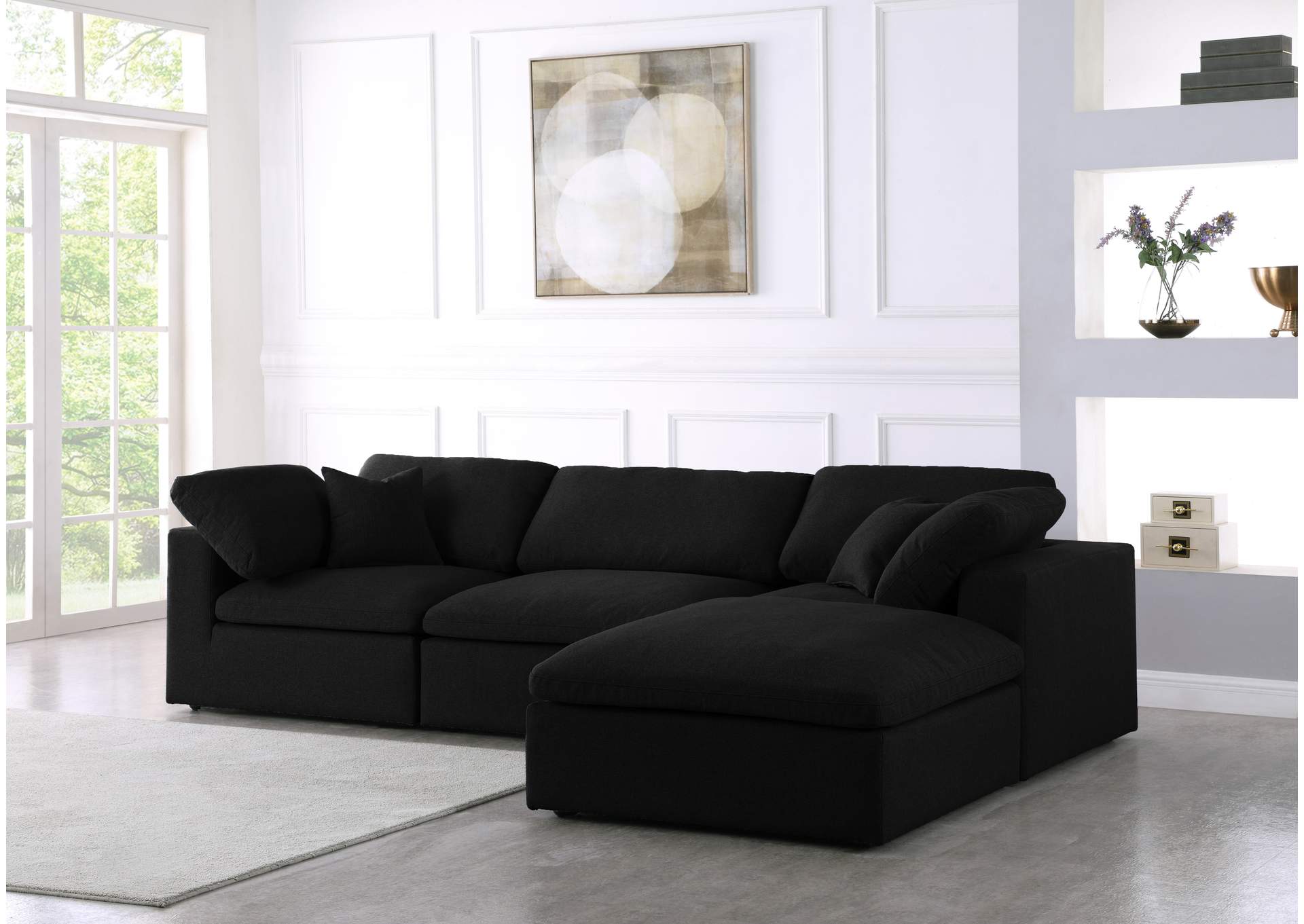 Serene Black Linen Textured Fabric Deluxe Comfort Modular Sectional,Meridian Furniture