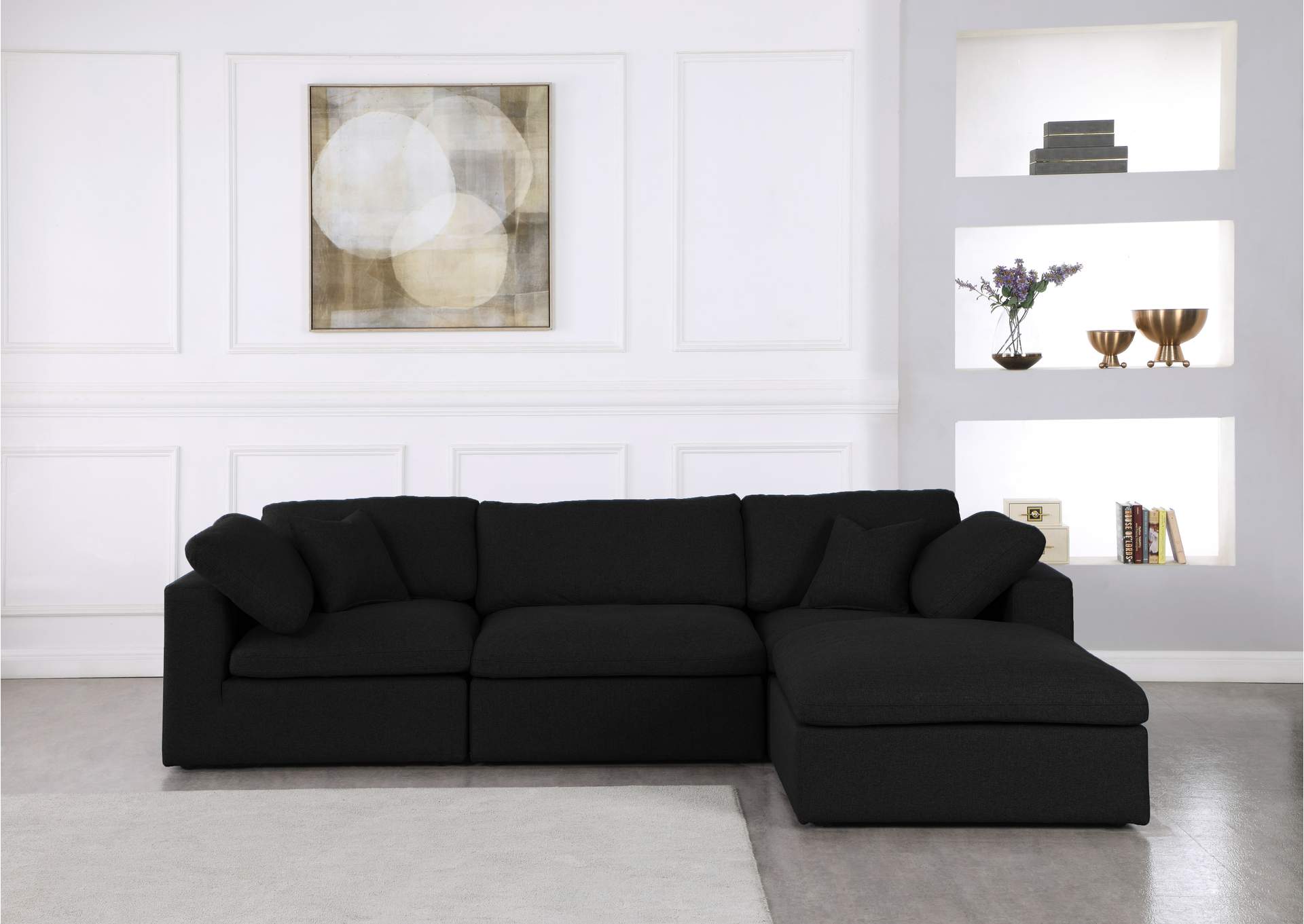 Serene Black Linen Textured Fabric Deluxe Comfort Modular Sectional,Meridian Furniture