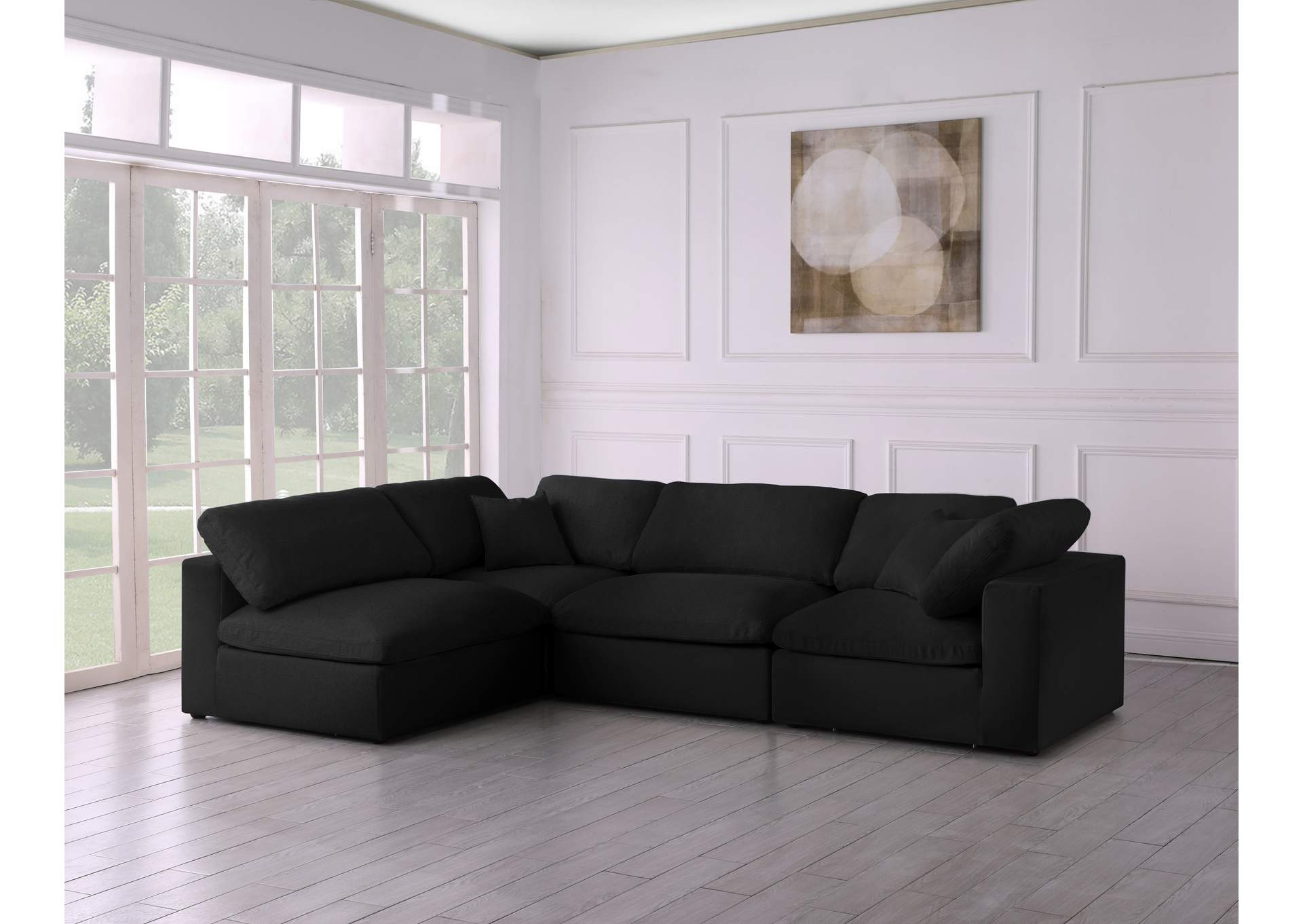 Serene Black Linen Textured Fabric Deluxe Comfort Modular Sectional,Meridian Furniture