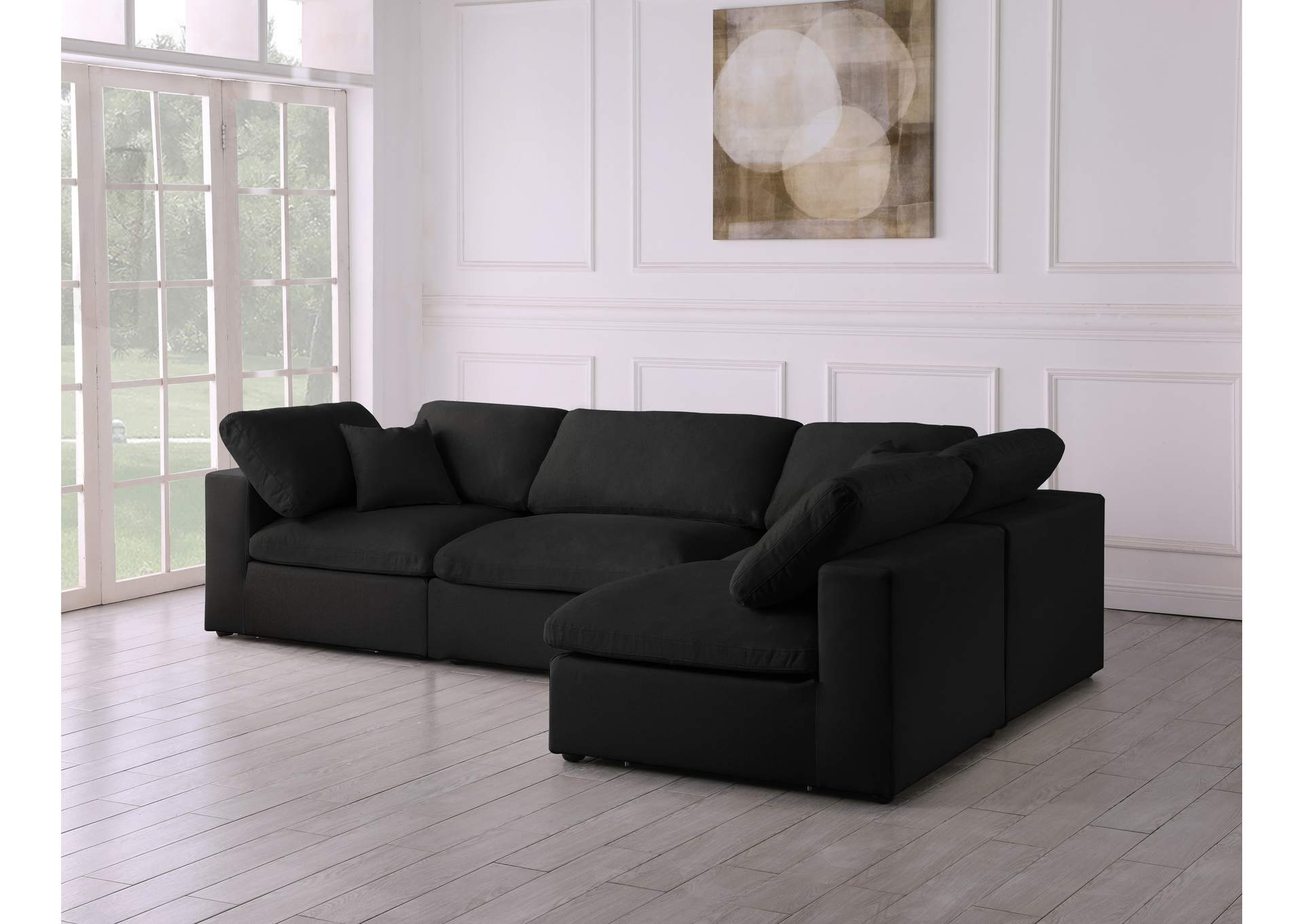 Serene Black Linen Textured Fabric Deluxe Comfort Modular Sectional,Meridian Furniture