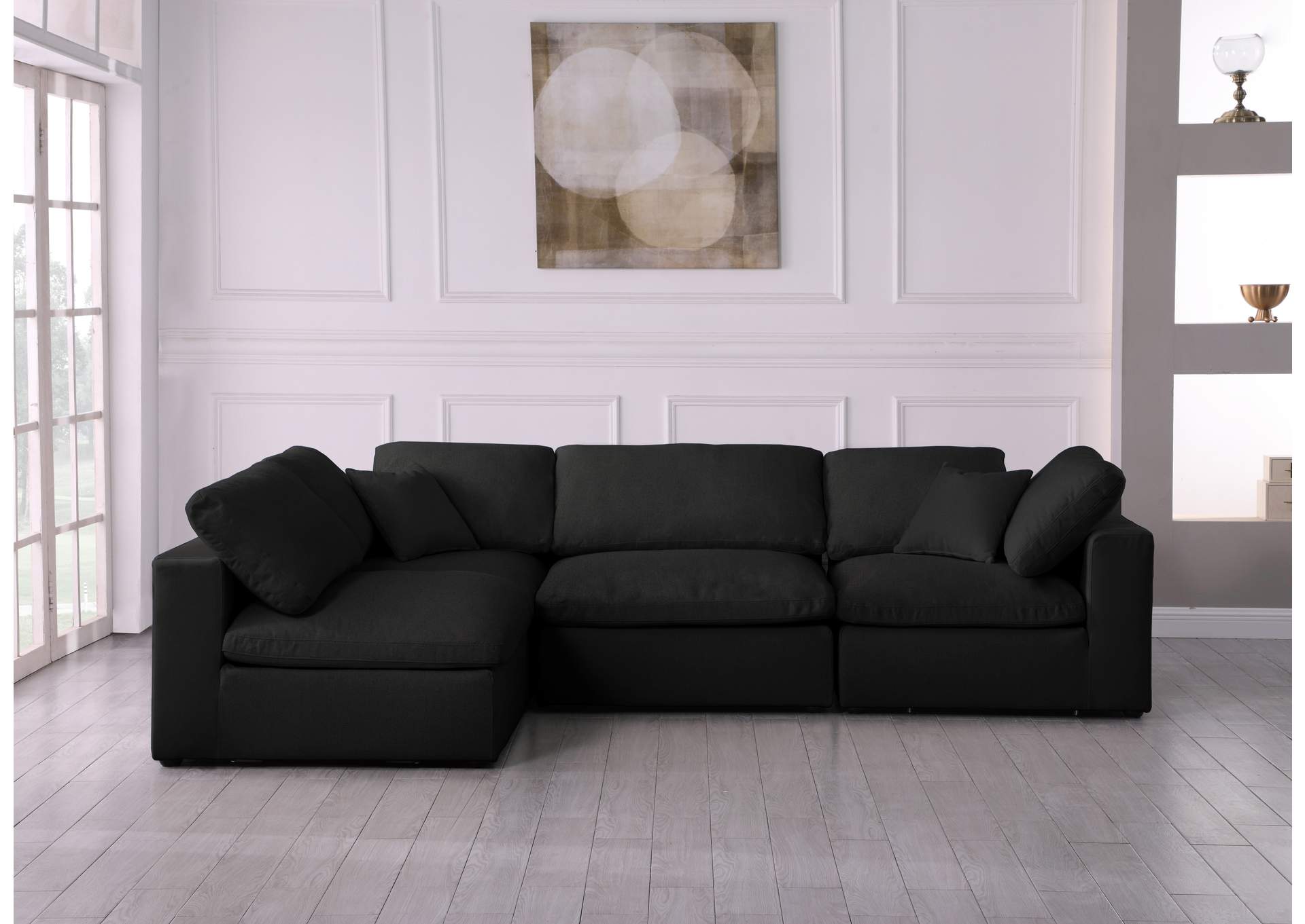 Serene Black Linen Textured Fabric Deluxe Comfort Modular Sectional,Meridian Furniture