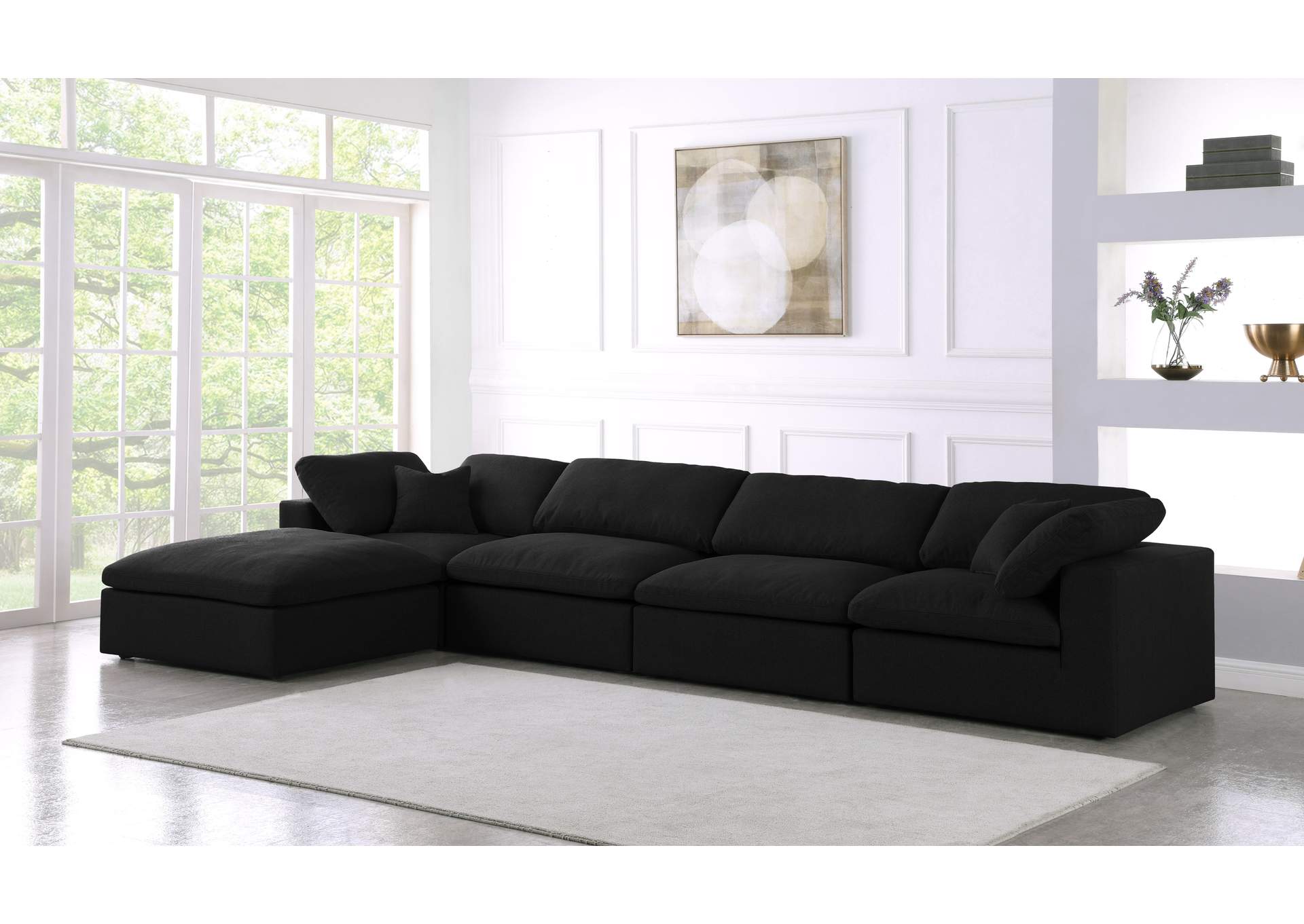 Serene Black Linen Textured Fabric Deluxe Comfort Modular Sectional,Meridian Furniture