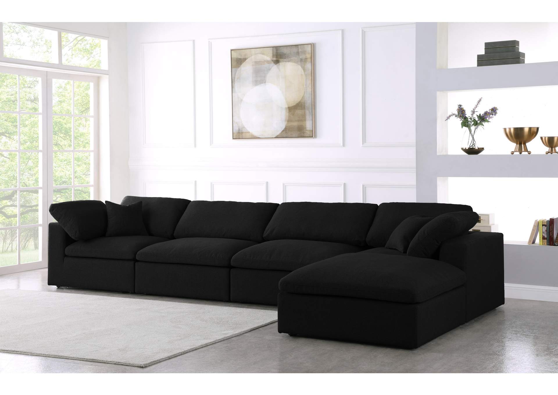 Serene Black Linen Textured Fabric Deluxe Comfort Modular Sectional,Meridian Furniture