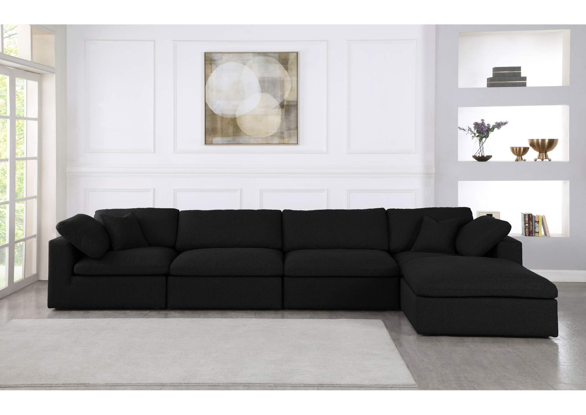 Serene Black Linen Textured Fabric Deluxe Comfort Modular Sectional,Meridian Furniture