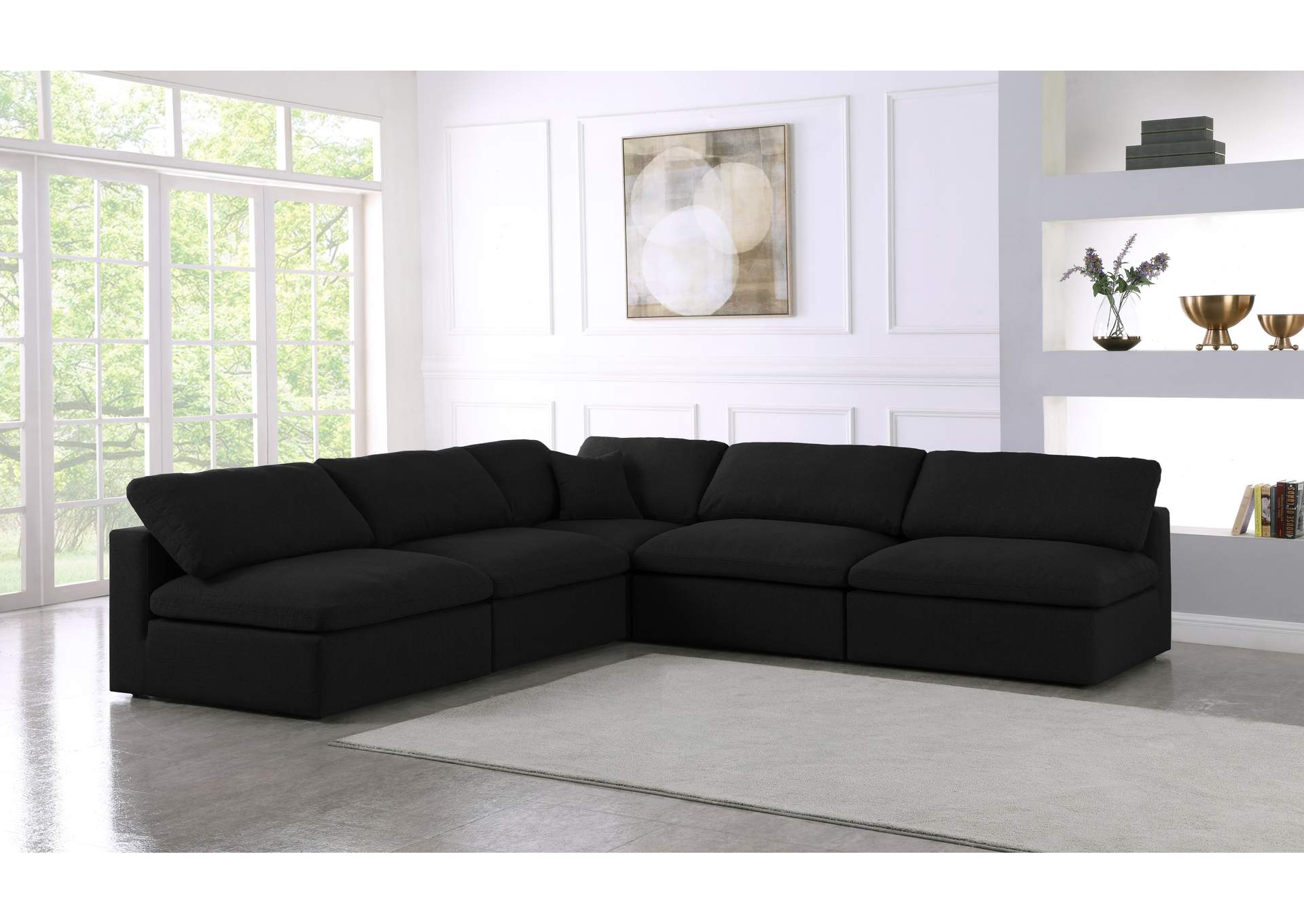 Serene Black Linen Textured Fabric Deluxe Comfort Modular Sectional,Meridian Furniture