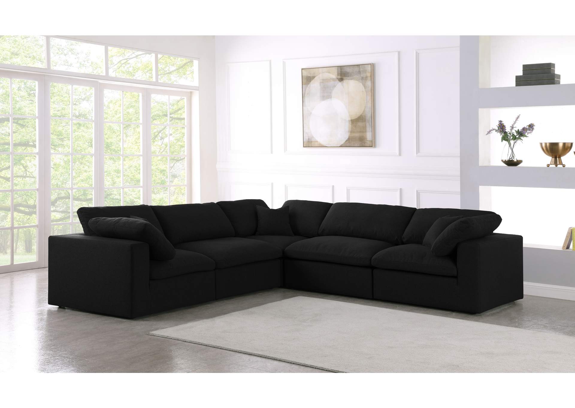 Serene Black Linen Textured Fabric Deluxe Comfort Modular Sectional,Meridian Furniture