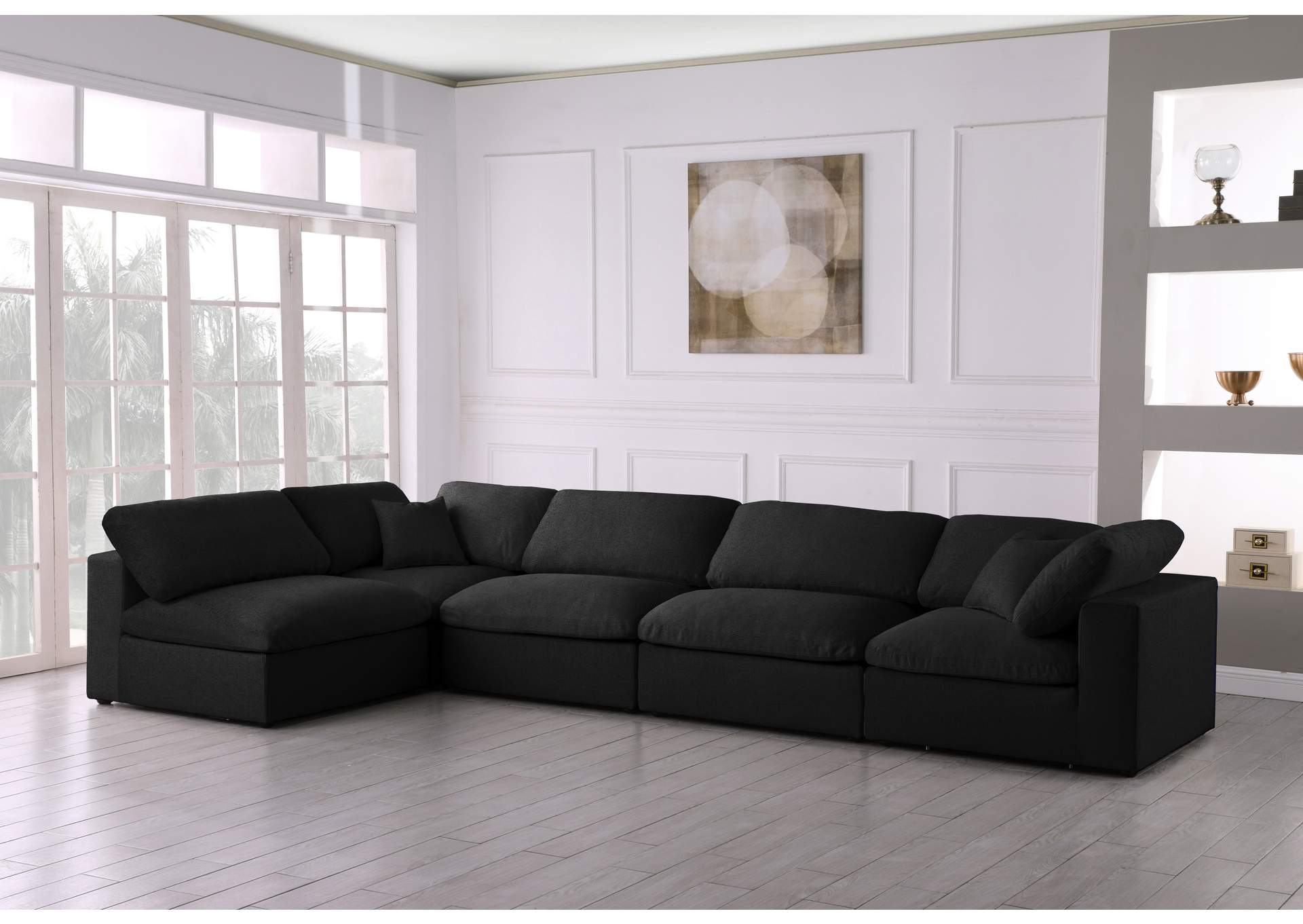 Serene Black Linen Textured Fabric Deluxe Comfort Modular Sectional,Meridian Furniture