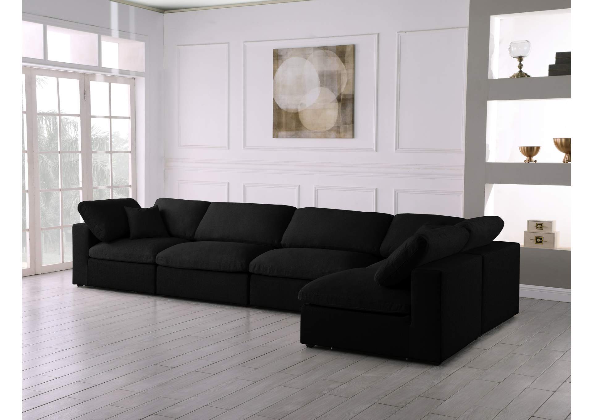 Serene Black Linen Textured Fabric Deluxe Comfort Modular Sectional,Meridian Furniture