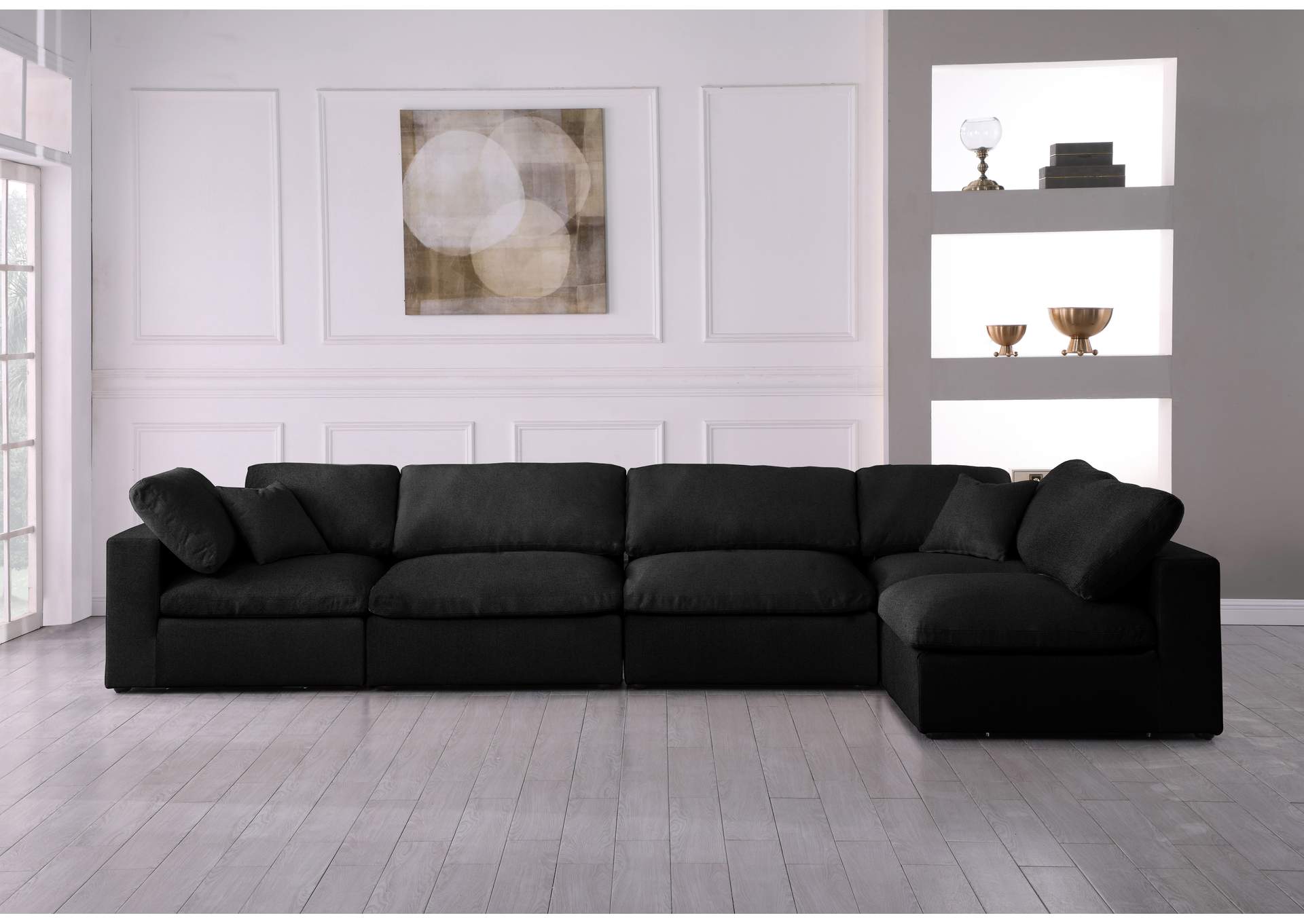 Serene Black Linen Textured Fabric Deluxe Comfort Modular Sectional,Meridian Furniture