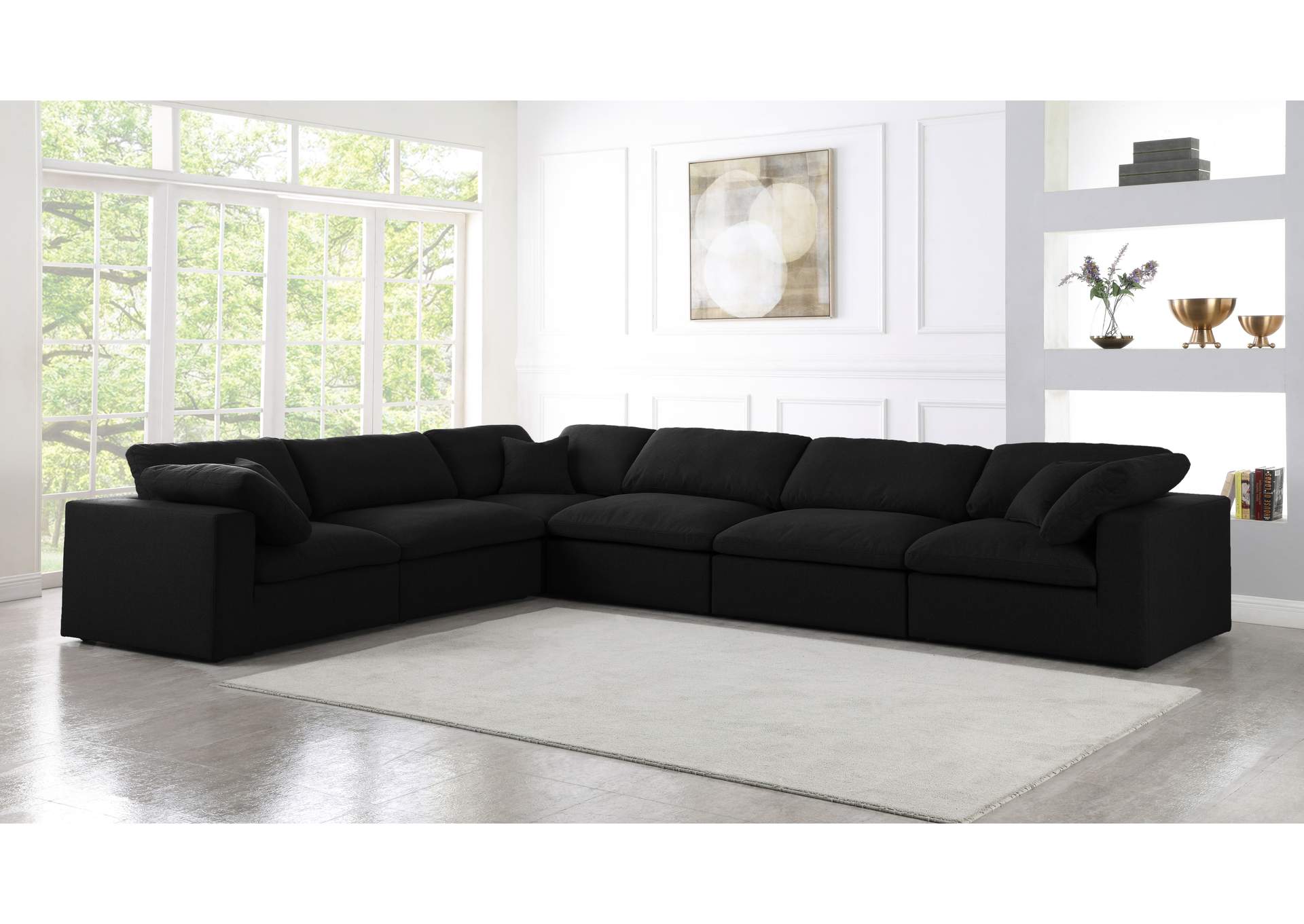 Serene Black Linen Textured Fabric Deluxe Comfort Modular Sectional,Meridian Furniture