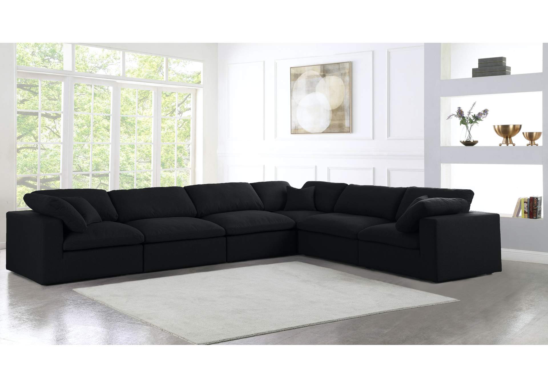 Serene Black Linen Textured Fabric Deluxe Comfort Modular Sectional,Meridian Furniture