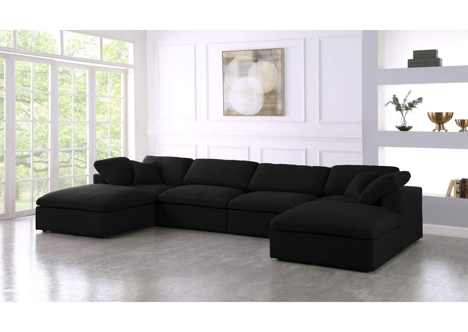 Serene Black Linen Textured Fabric Deluxe Comfort Modular Sectional,Meridian Furniture