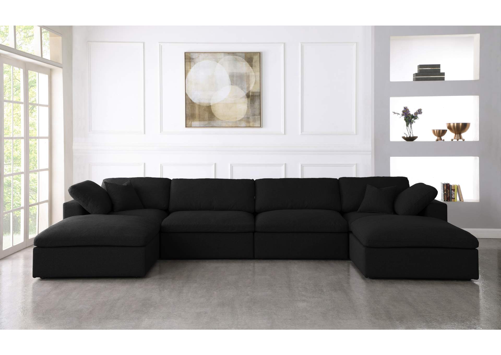 Serene Black Linen Textured Fabric Deluxe Comfort Modular Sectional,Meridian Furniture