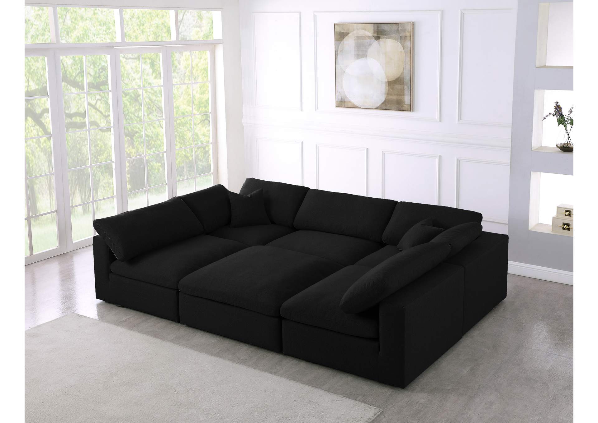 Serene Black Linen Textured Fabric Deluxe Comfort Modular Sectional,Meridian Furniture