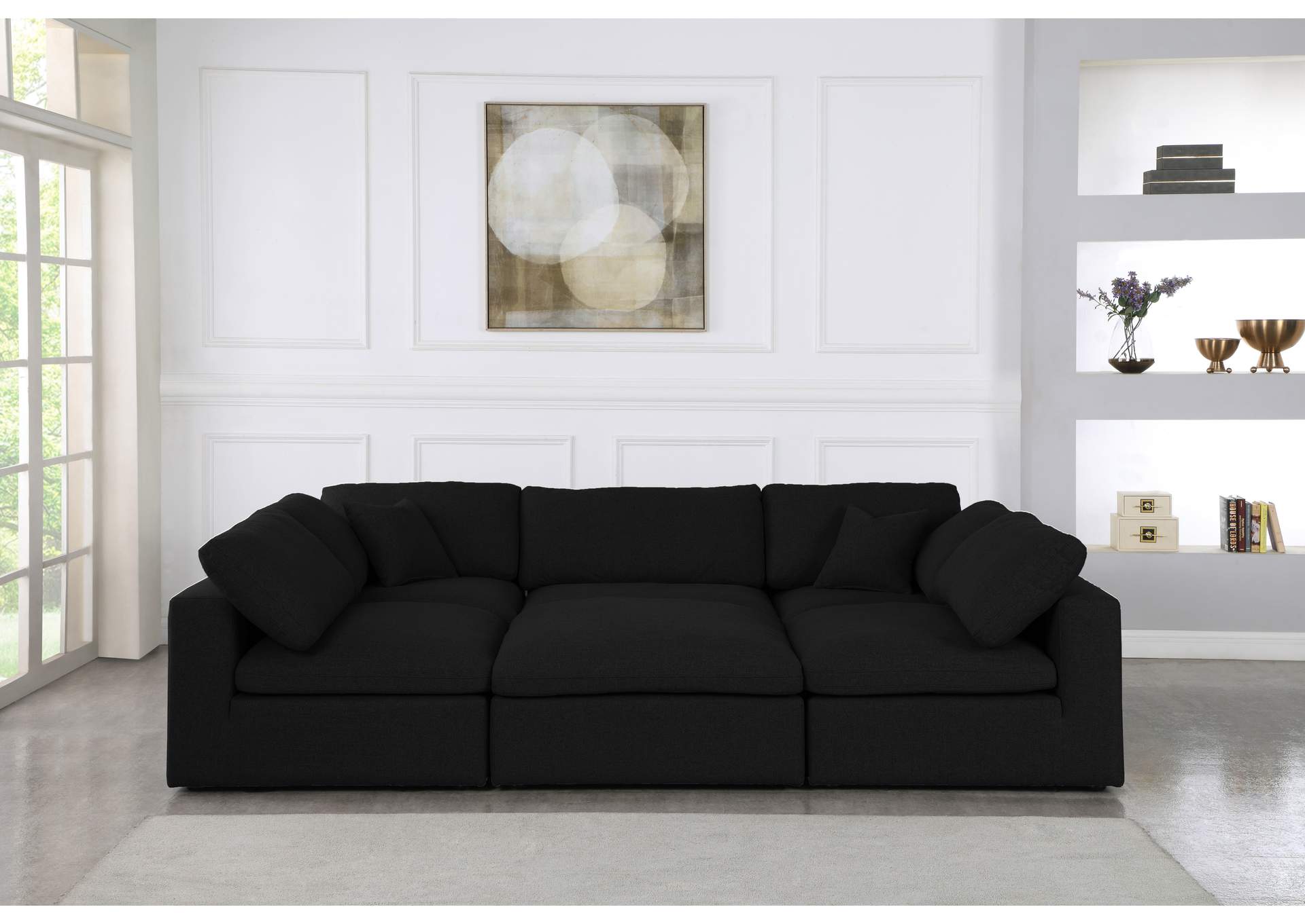 Serene Black Linen Textured Fabric Deluxe Comfort Modular Sectional,Meridian Furniture