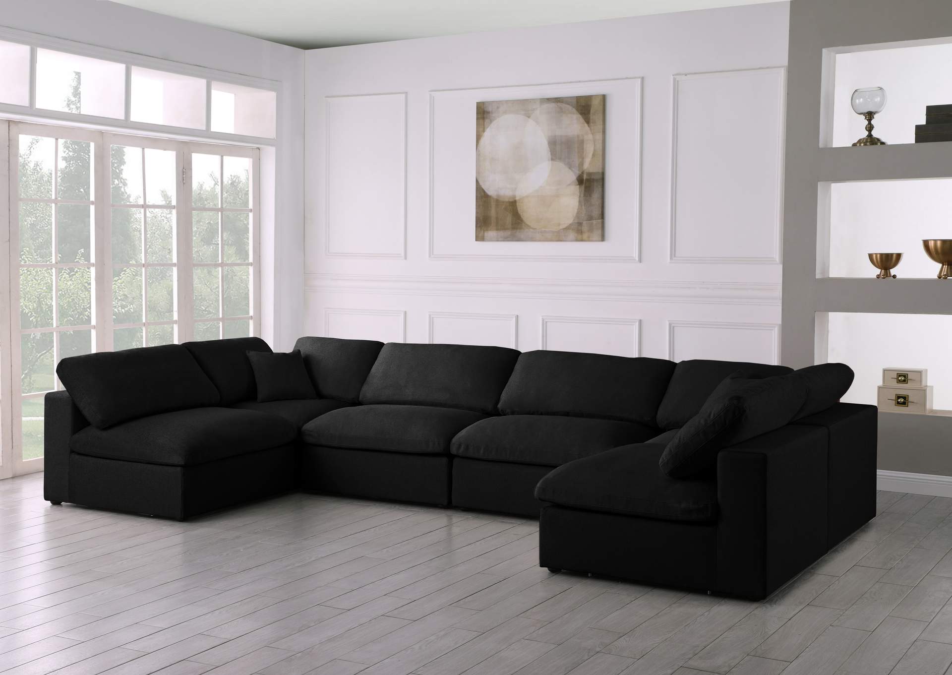 Serene Black Linen Textured Fabric Deluxe Comfort Modular Sectional,Meridian Furniture