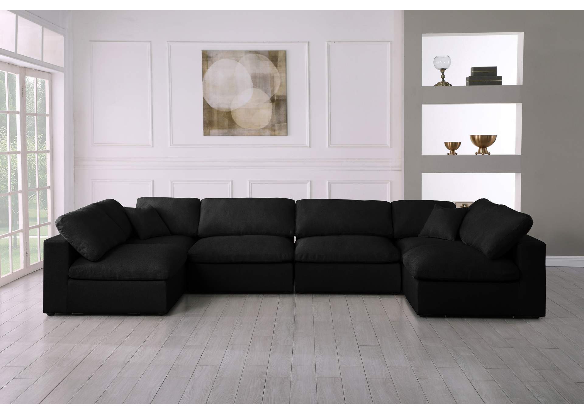 Serene Black Linen Textured Fabric Deluxe Comfort Modular Sectional,Meridian Furniture