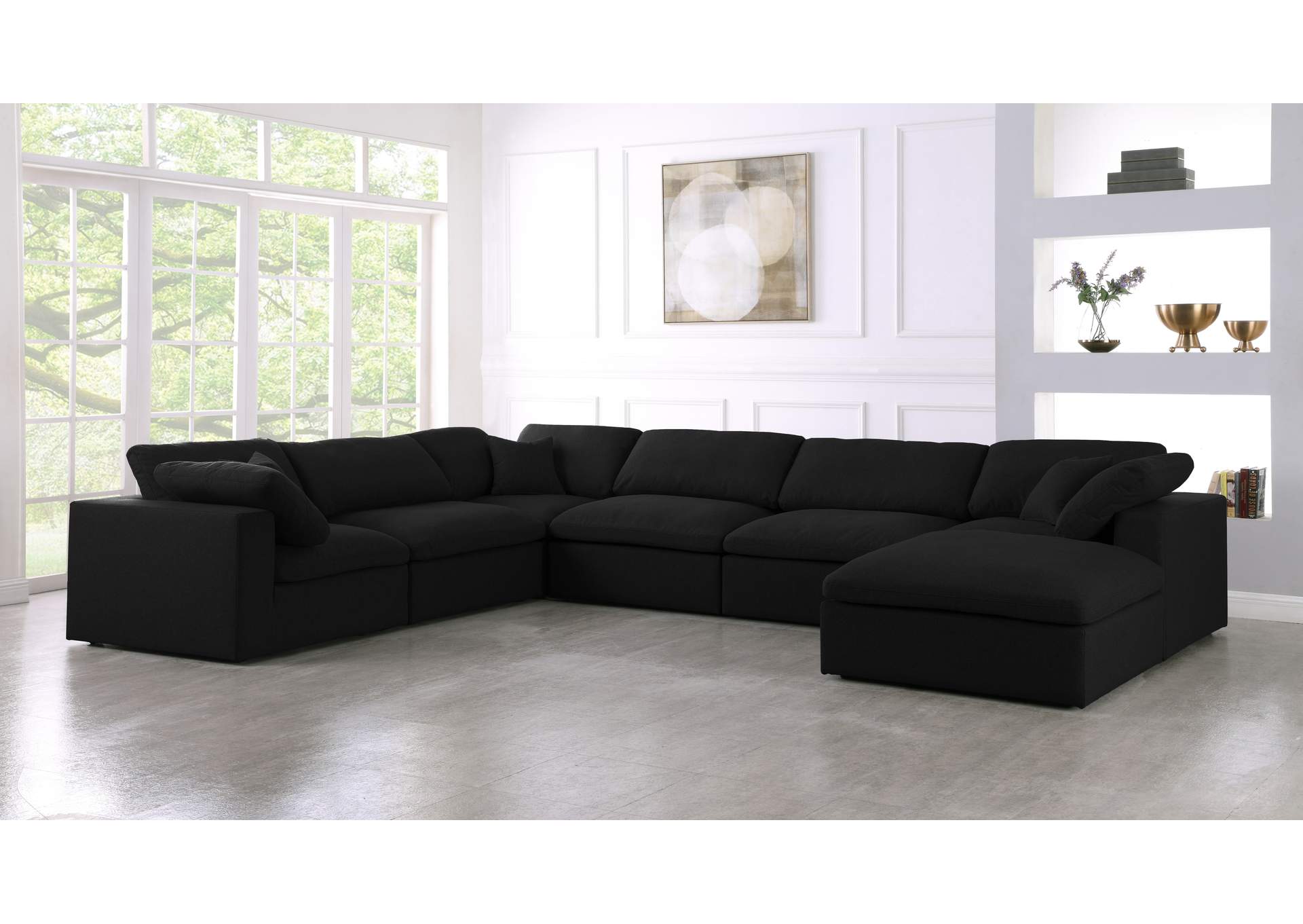 Serene Black Linen Textured Fabric Deluxe Comfort Modular Sectional,Meridian Furniture