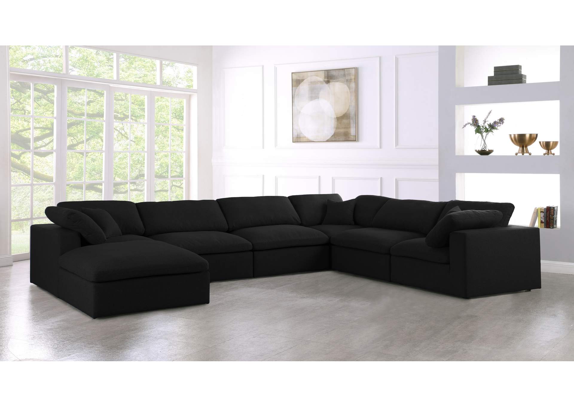 Serene Black Linen Textured Fabric Deluxe Comfort Modular Sectional,Meridian Furniture