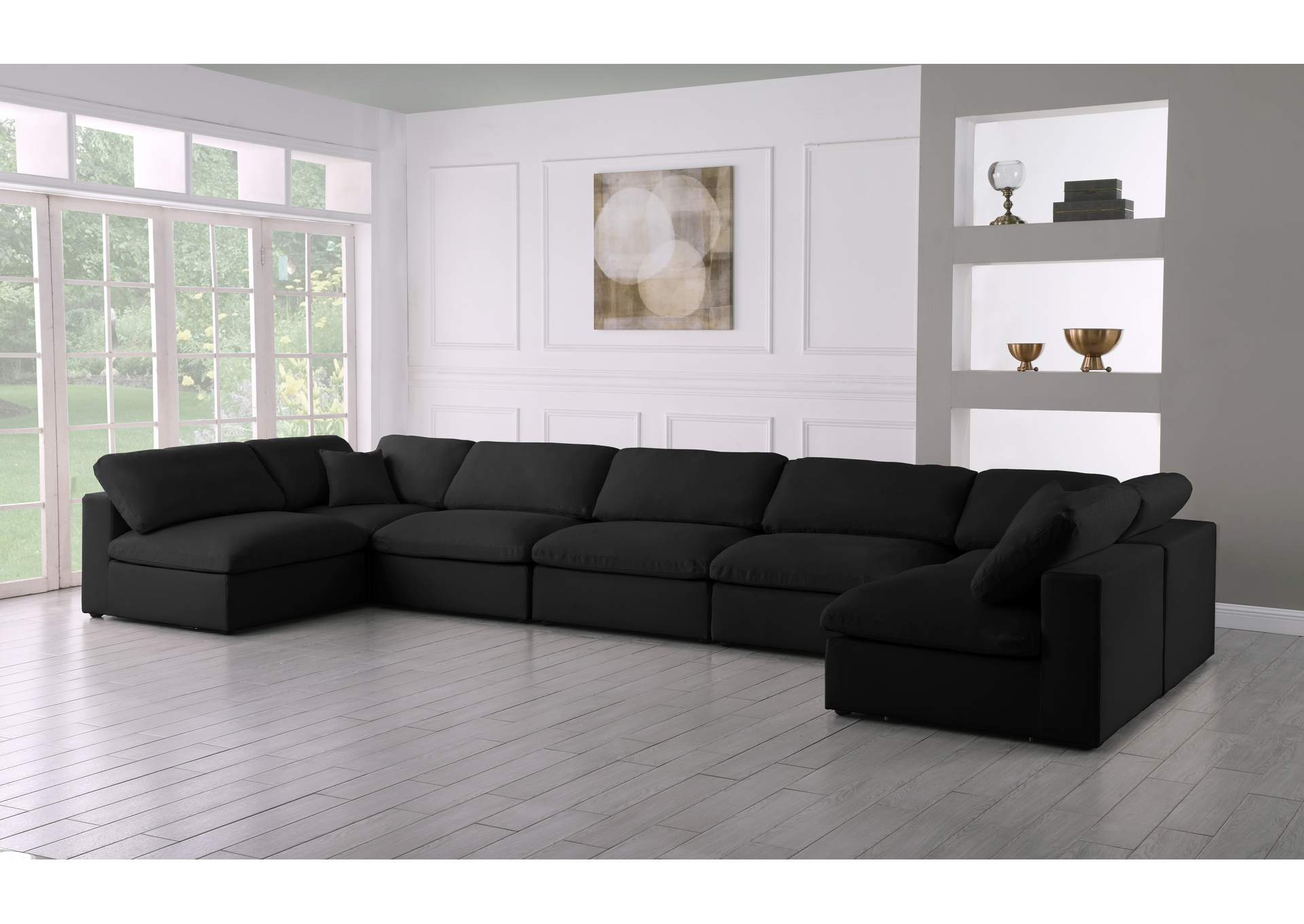 Serene Black Linen Textured Fabric Deluxe Comfort Modular Sectional,Meridian Furniture