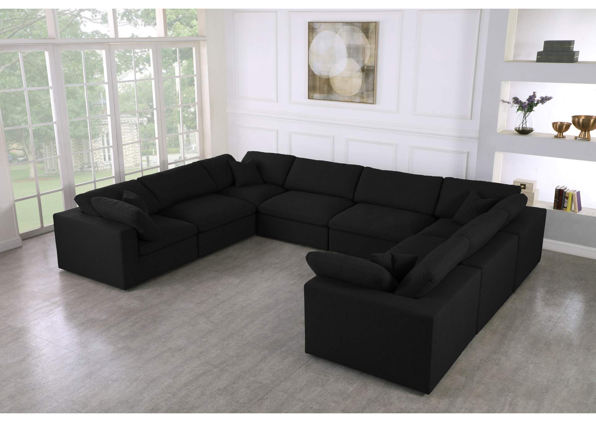 Serene Black Linen Textured Fabric Deluxe Comfort Modular Sectional,Meridian Furniture