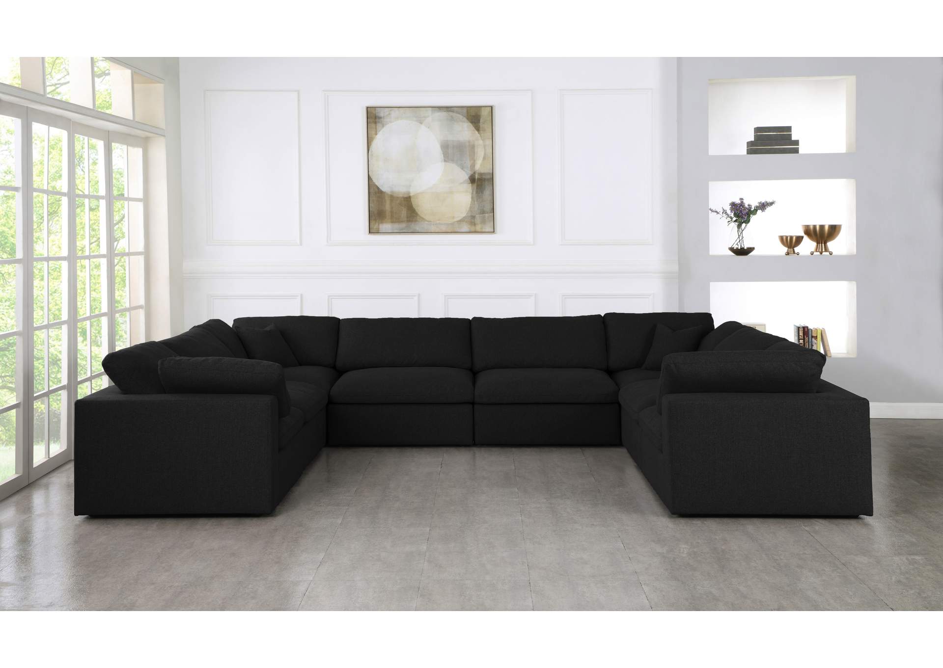 Serene Black Linen Textured Fabric Deluxe Comfort Modular Sectional,Meridian Furniture