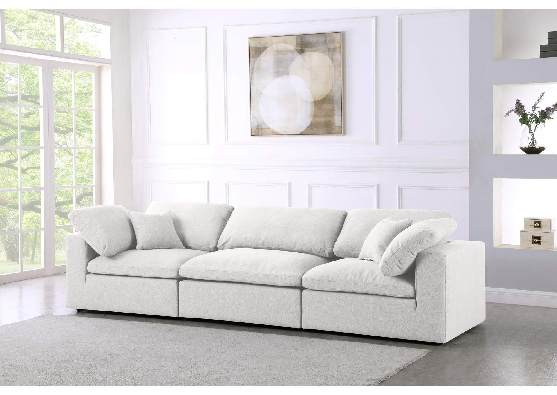 Serene Cream Linen Textured Fabric Deluxe Comfort Modular Sofa,Meridian Furniture