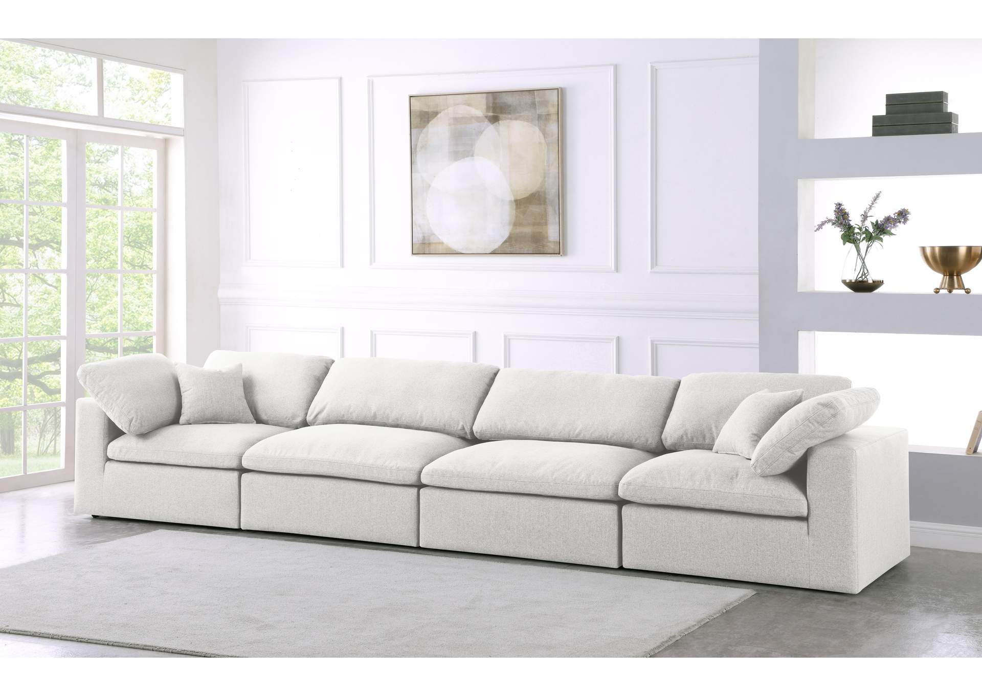 Serene Cream Linen Textured Fabric Deluxe Comfort Modular Sofa,Meridian Furniture