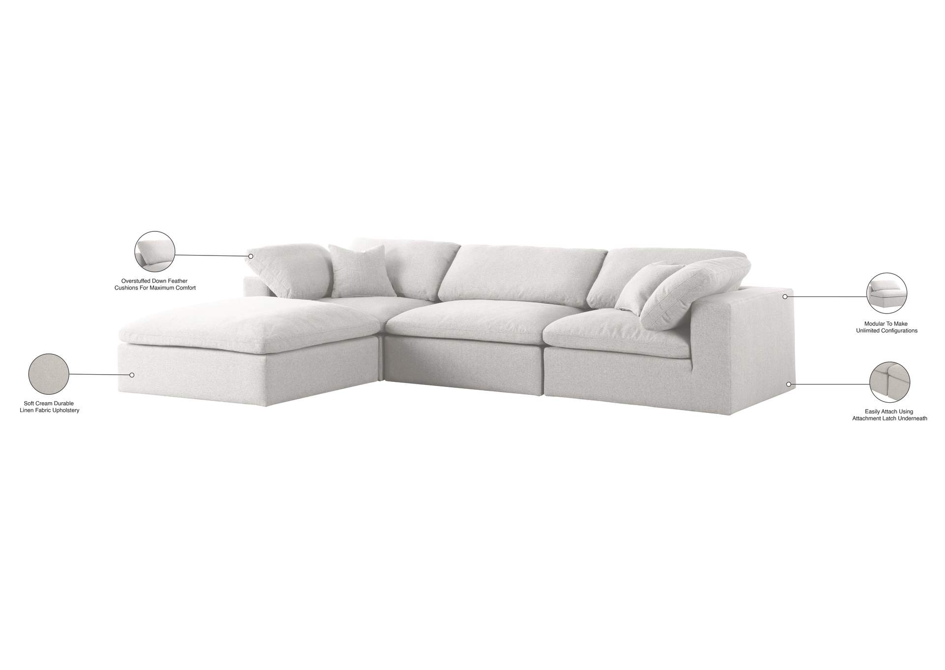 Serene Cream Linen Fabric Deluxe Cloud-Like Comfort Modular Sectional,Meridian Furniture