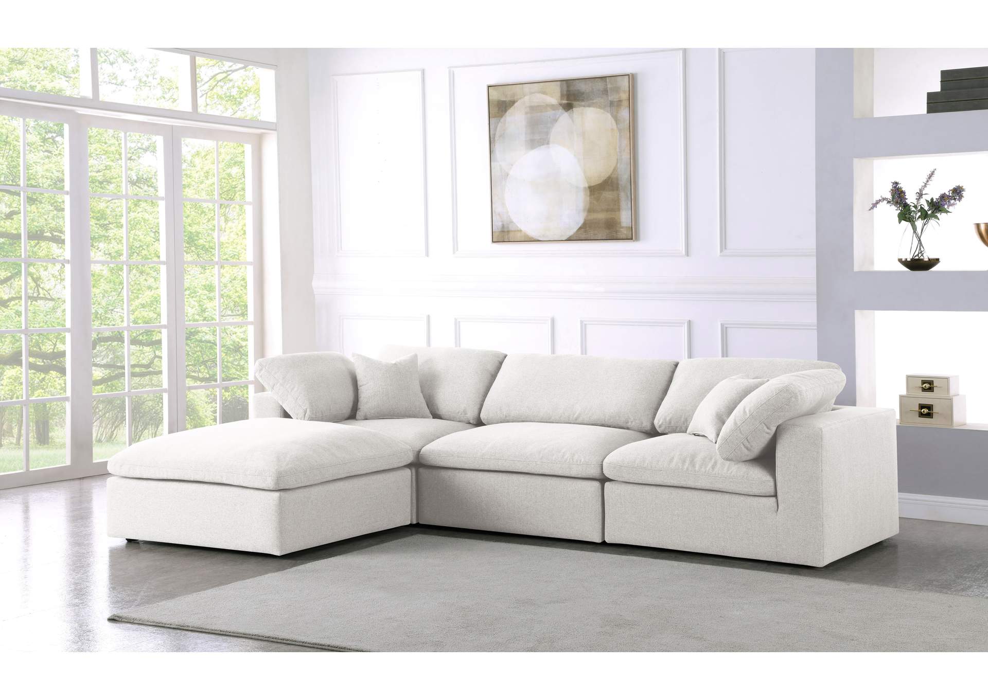 Serene Cream Linen Fabric Deluxe Cloud Modular Sectional,Meridian Furniture