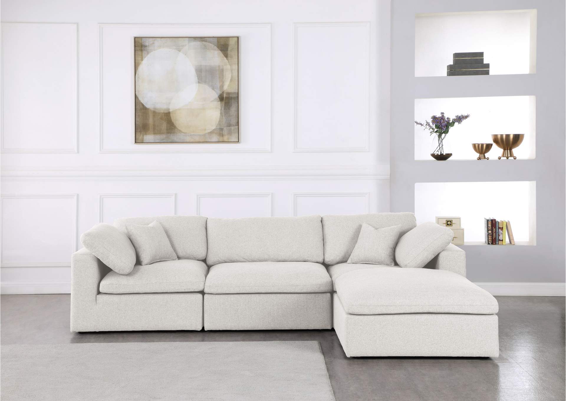 Serene Cream Linen Fabric Deluxe Cloud-Like Comfort Modular Sectional,Meridian Furniture