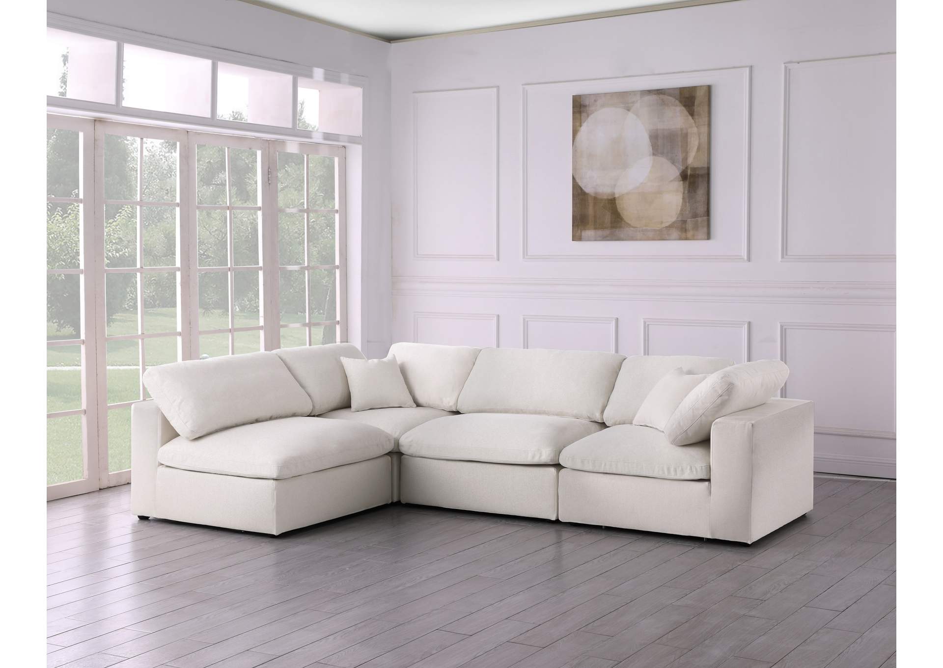 Serene Cream Linen Textured Fabric Deluxe Comfort Modular Sectional,Meridian Furniture