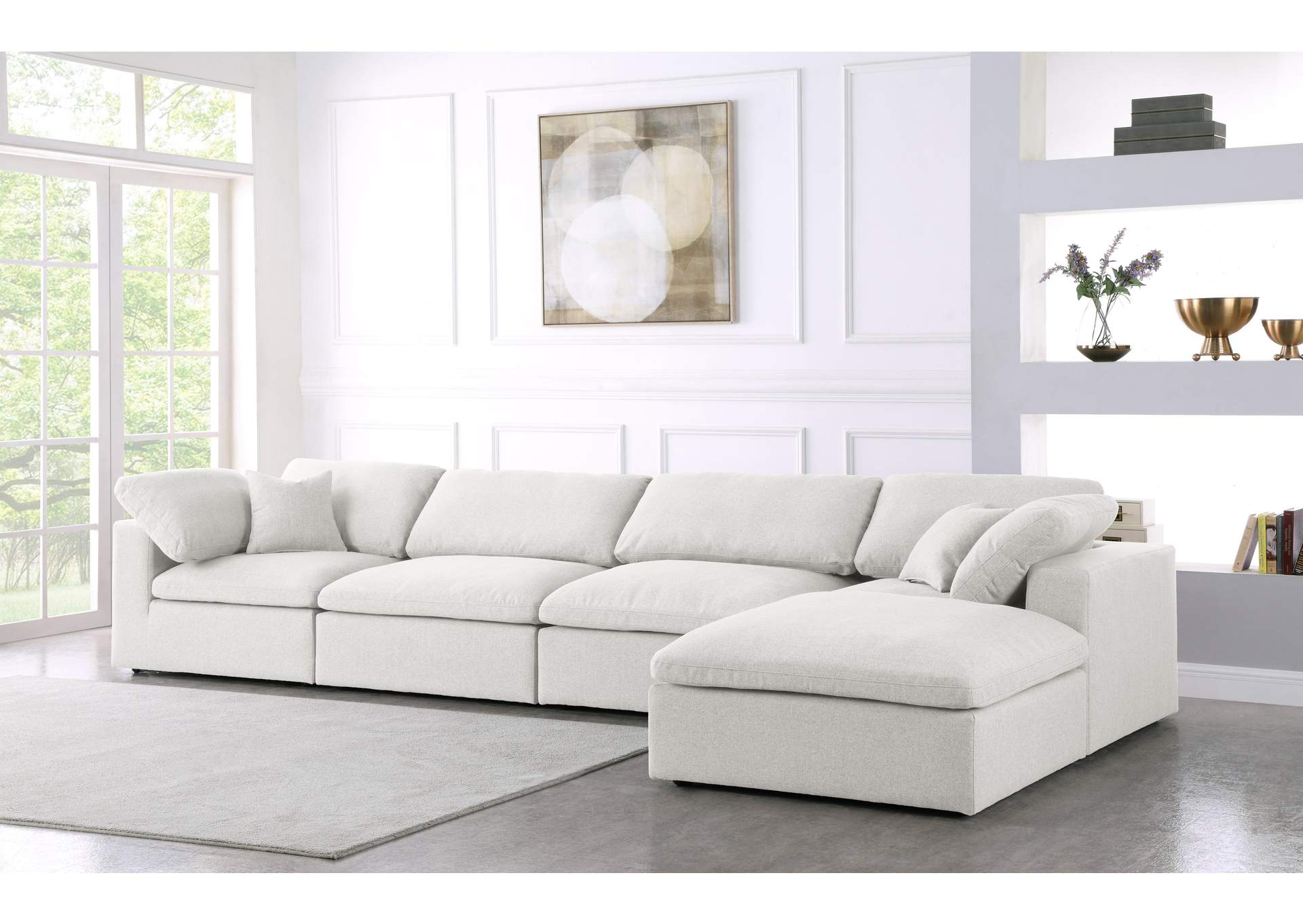 Serene Cream Linen Textured Fabric Deluxe Comfort Modular Sectional,Meridian Furniture