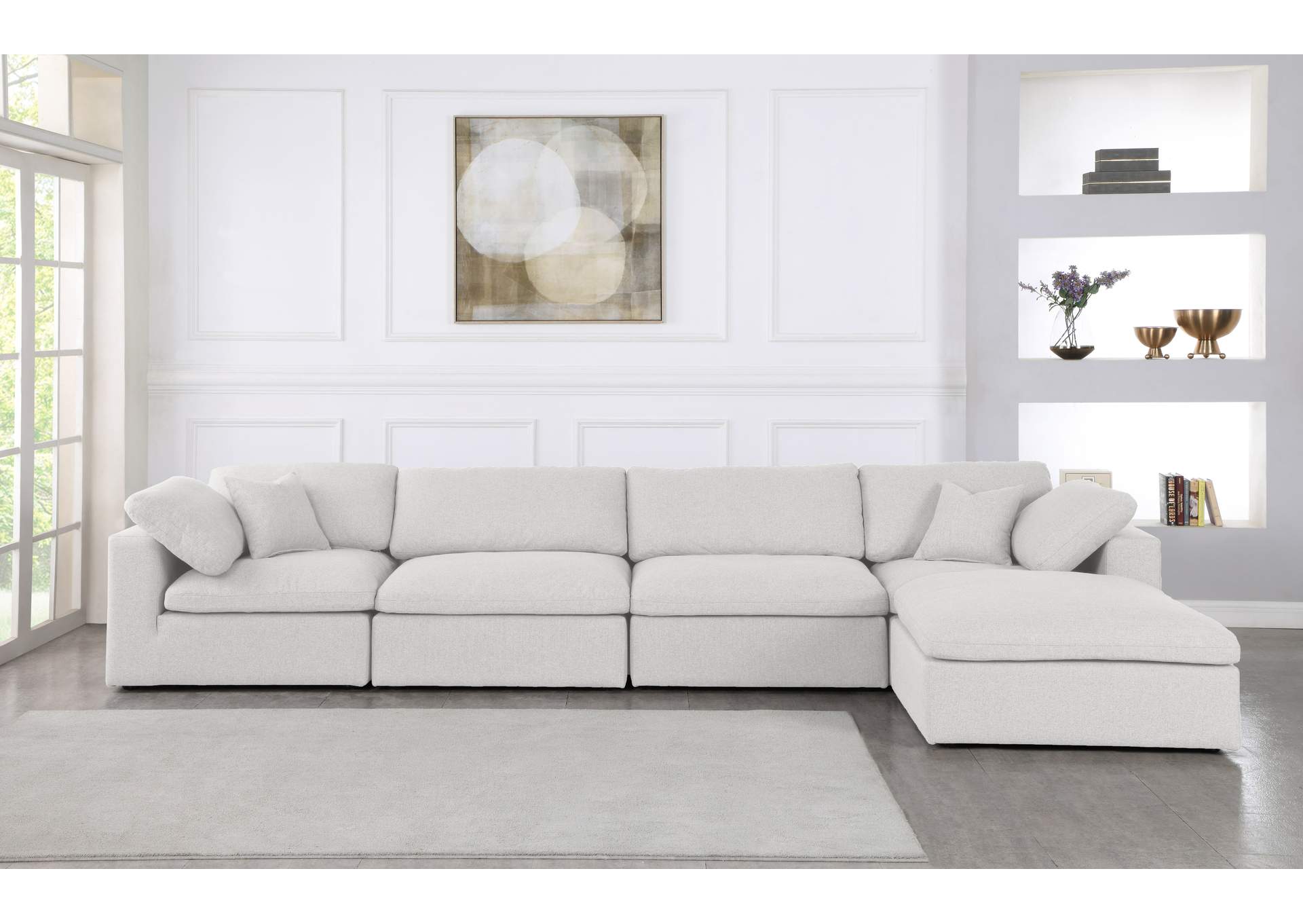 Serene Cream Linen Textured Fabric Deluxe Comfort Modular Sectional,Meridian Furniture