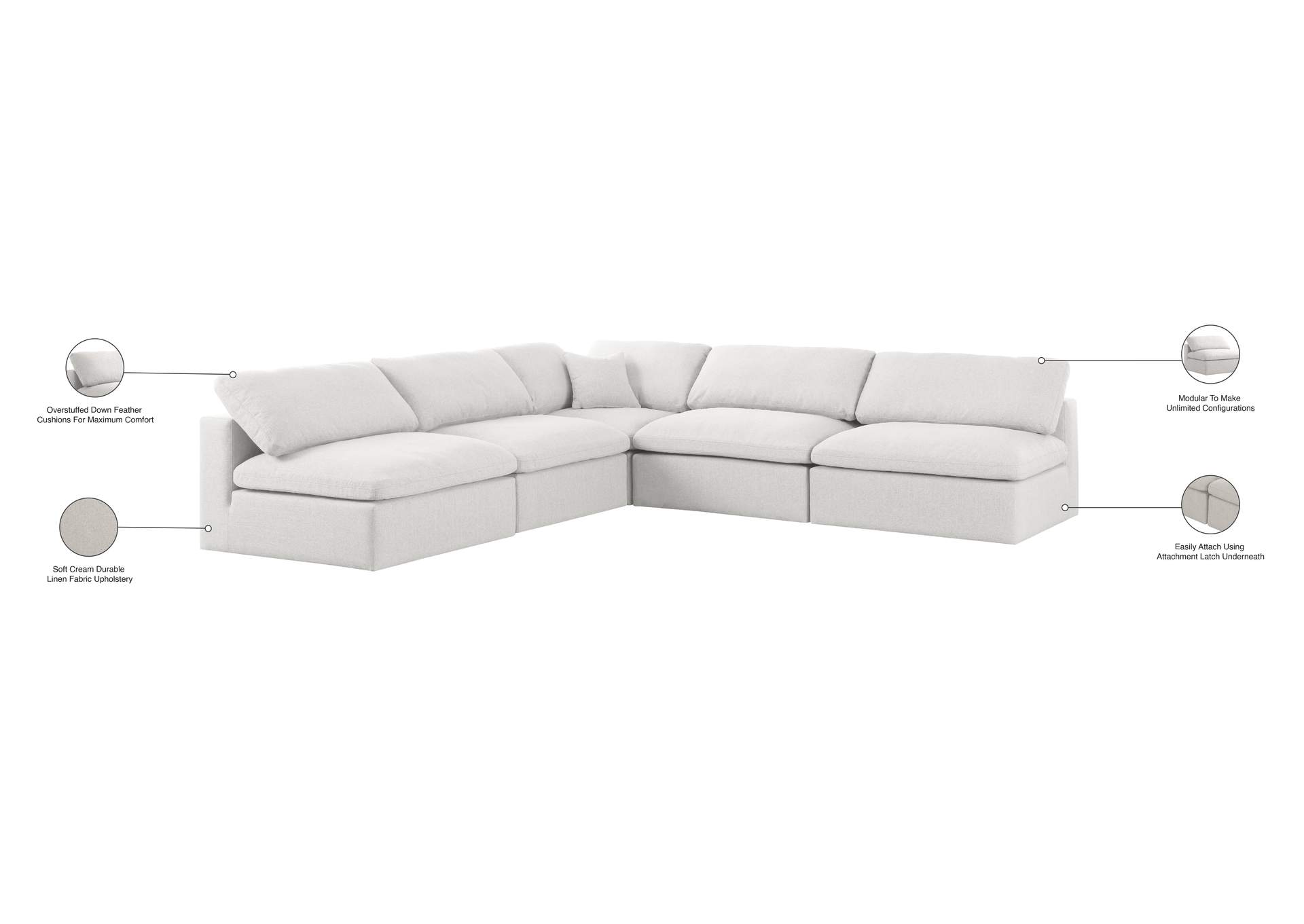 Serene Cream Linen Textured Fabric Deluxe Comfort Modular Sectional,Meridian Furniture