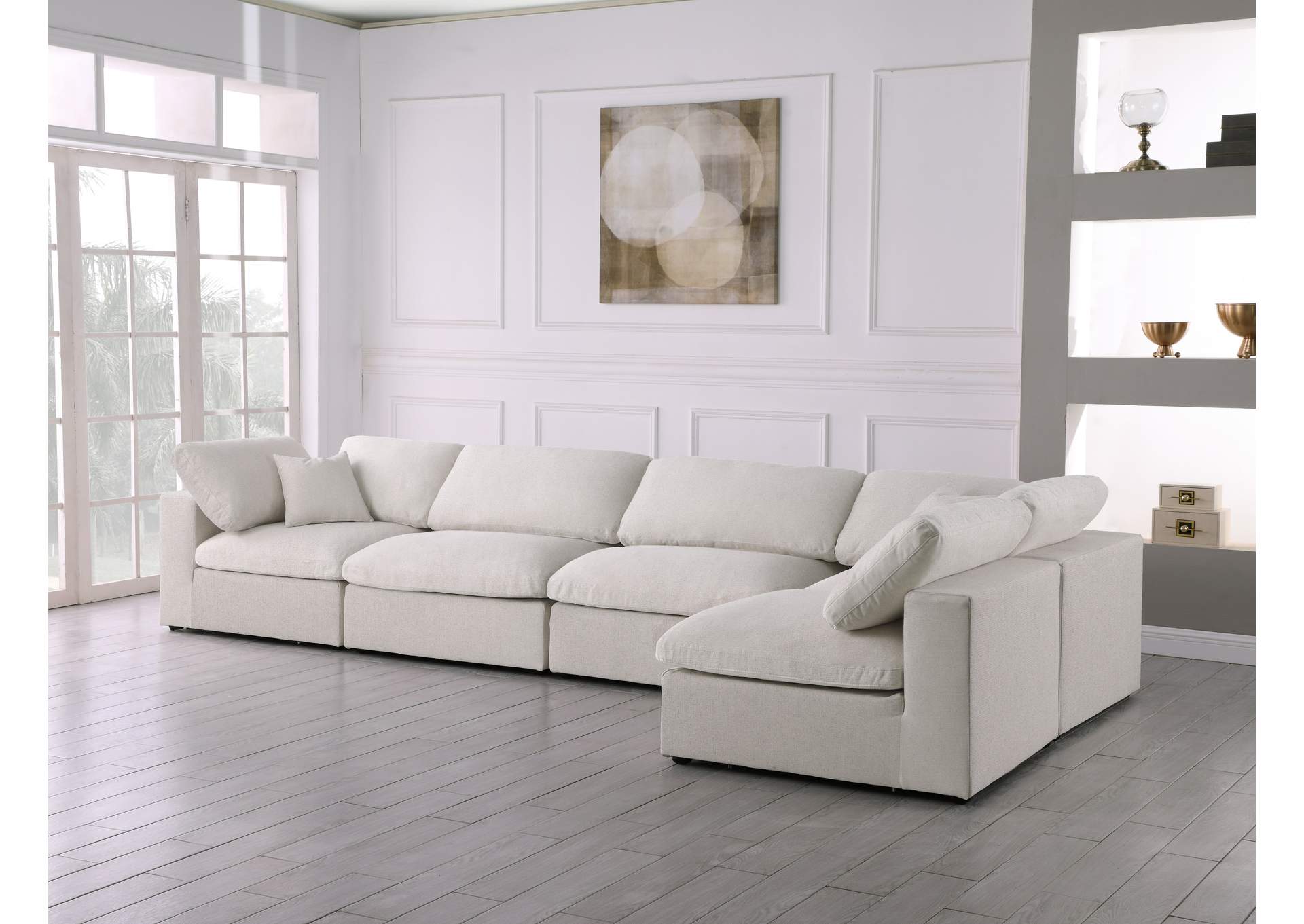 Serene Cream Linen Textured Fabric Deluxe Comfort Modular Sectional,Meridian Furniture