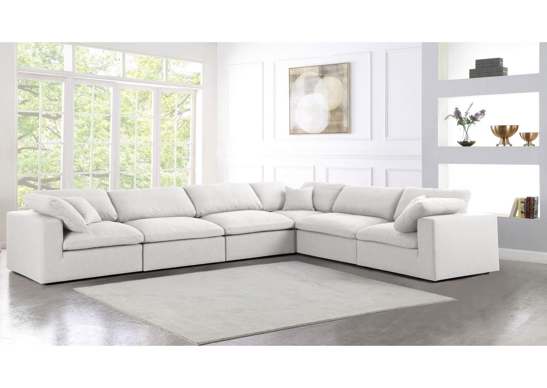 Serene Cream Linen Textured Fabric Deluxe Comfort Modular Sectional,Meridian Furniture