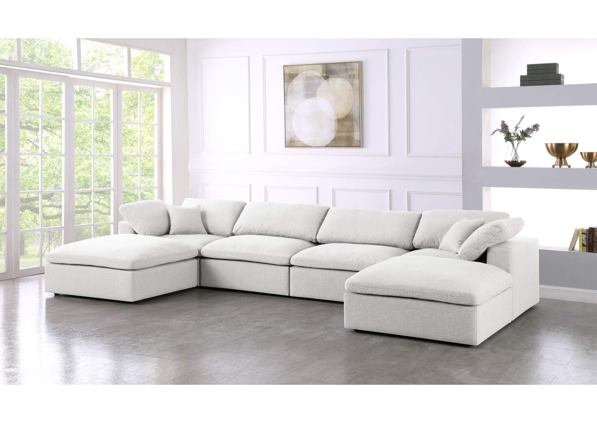 Serene Cream Linen Textured Fabric Deluxe Comfort Modular Sectional,Meridian Furniture